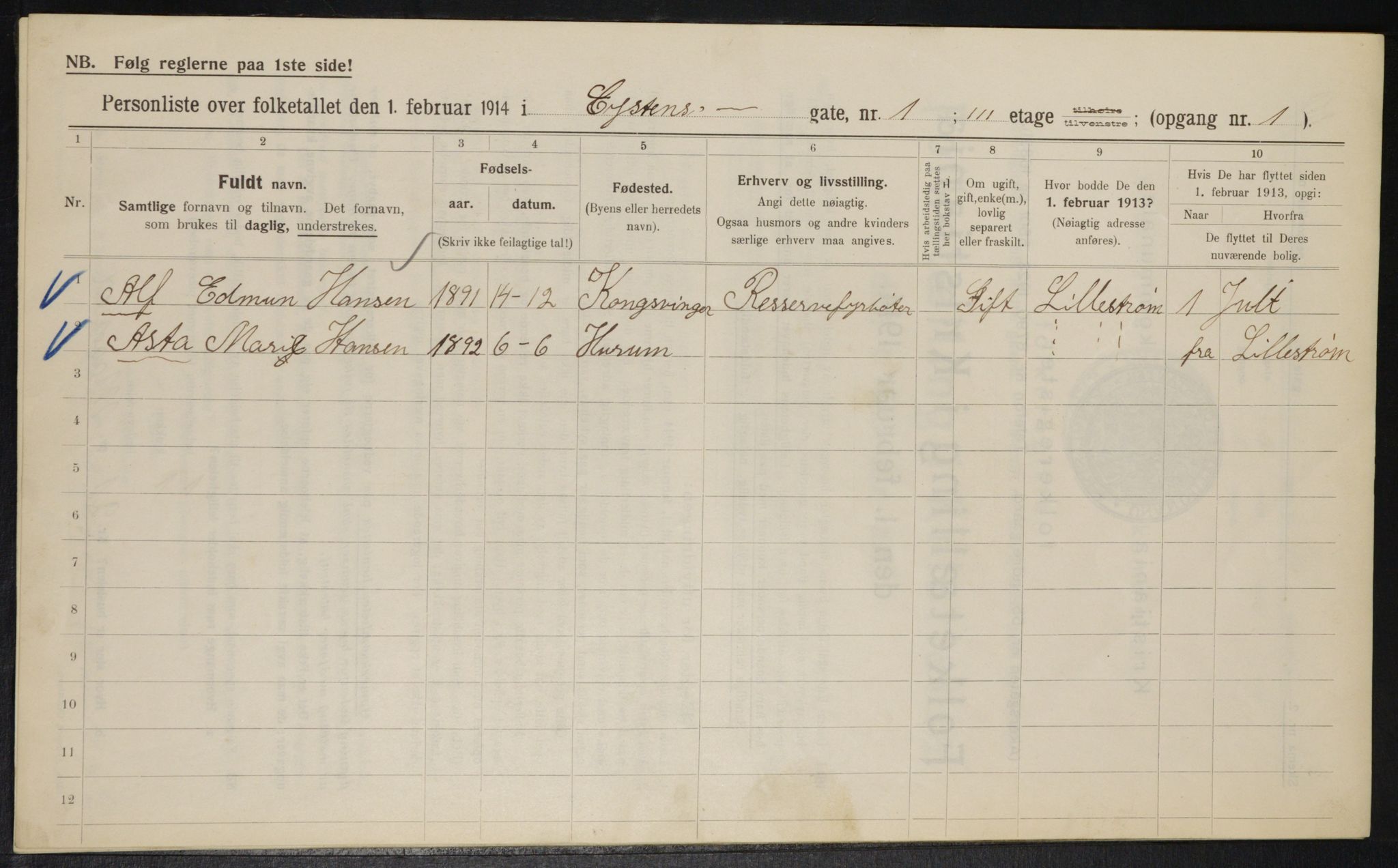 OBA, Municipal Census 1914 for Kristiania, 1914, p. 131287