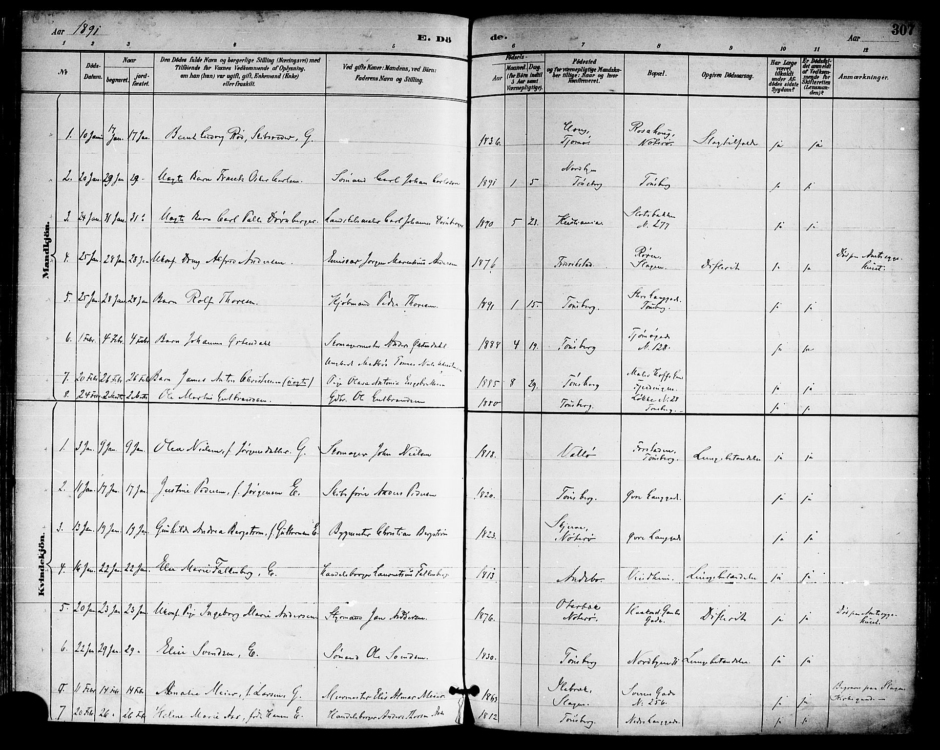 Tønsberg kirkebøker, AV/SAKO-A-330/F/Fa/L0012: Parish register (official) no. I 12, 1891-1899, p. 307