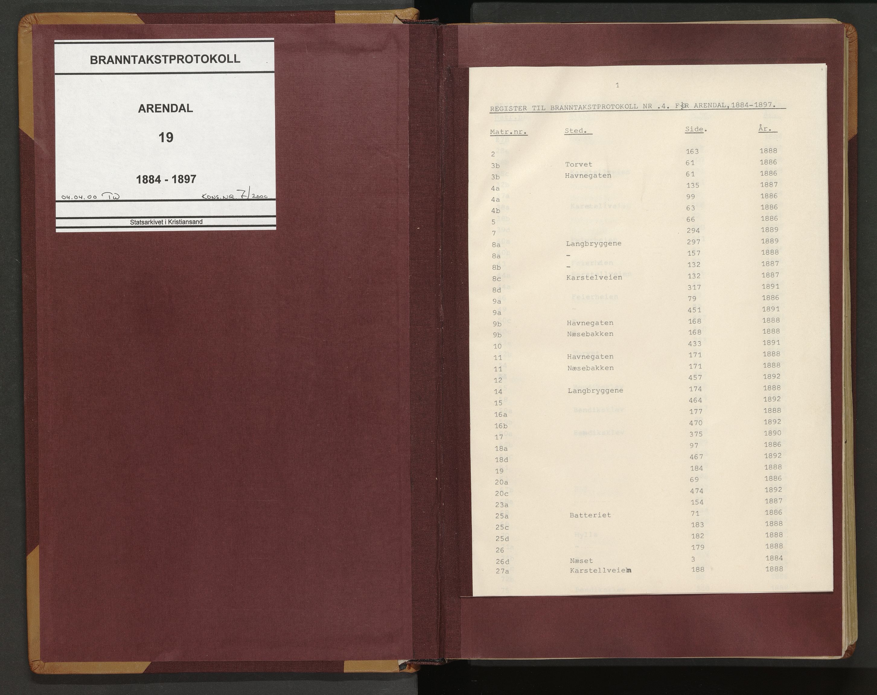 Norges Brannkasse Arendal, AV/SAK-2241-0002/F/Fa/L0021: Branntakstprotokoll nr. 19 med matrikkelnummerregister, 1884-1897