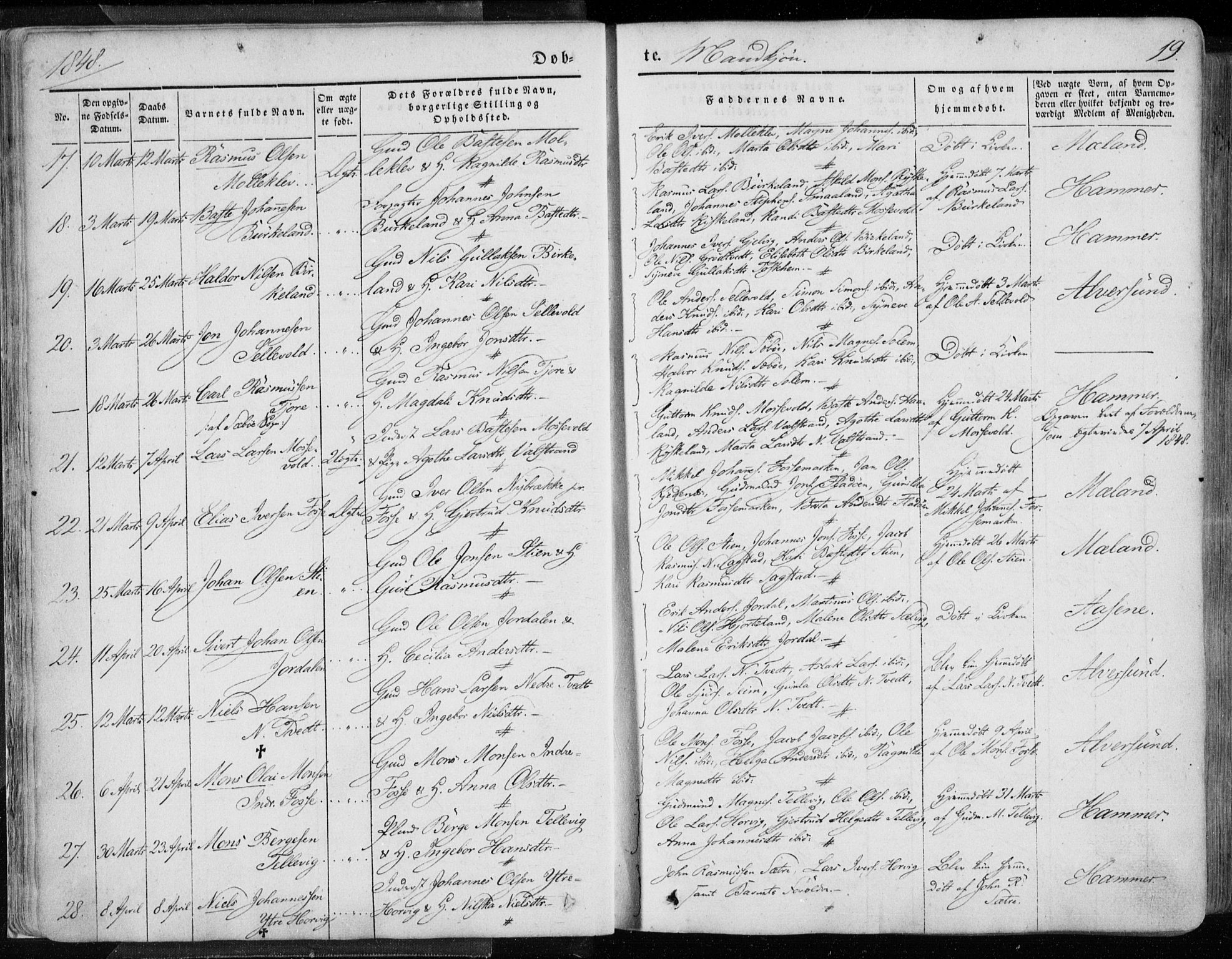 Hamre sokneprestembete, AV/SAB-A-75501/H/Ha/Haa/Haaa/L0013: Parish register (official) no. A 13, 1846-1857, p. 19