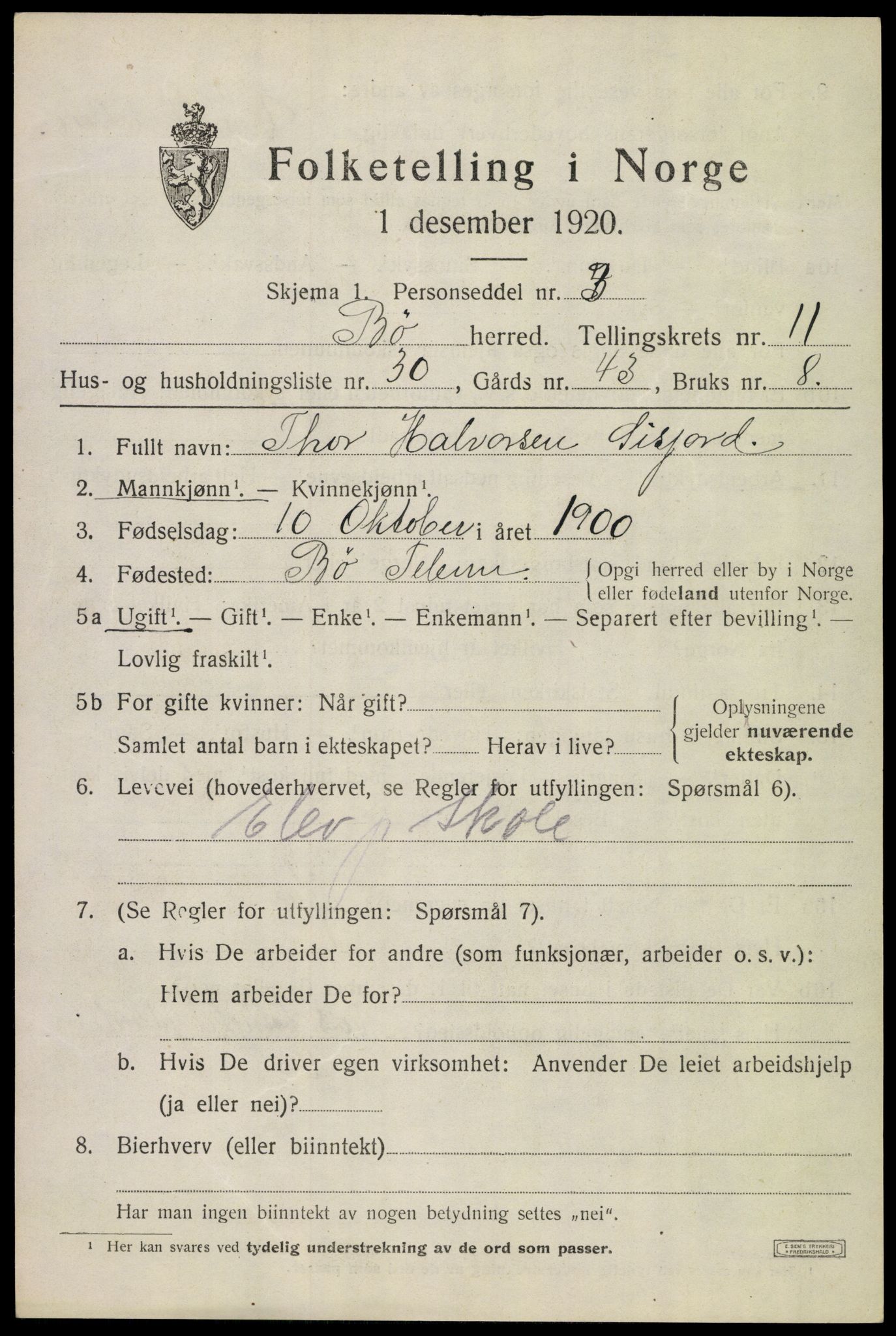 SAKO, 1920 census for Bø (Telemark), 1920, p. 7036