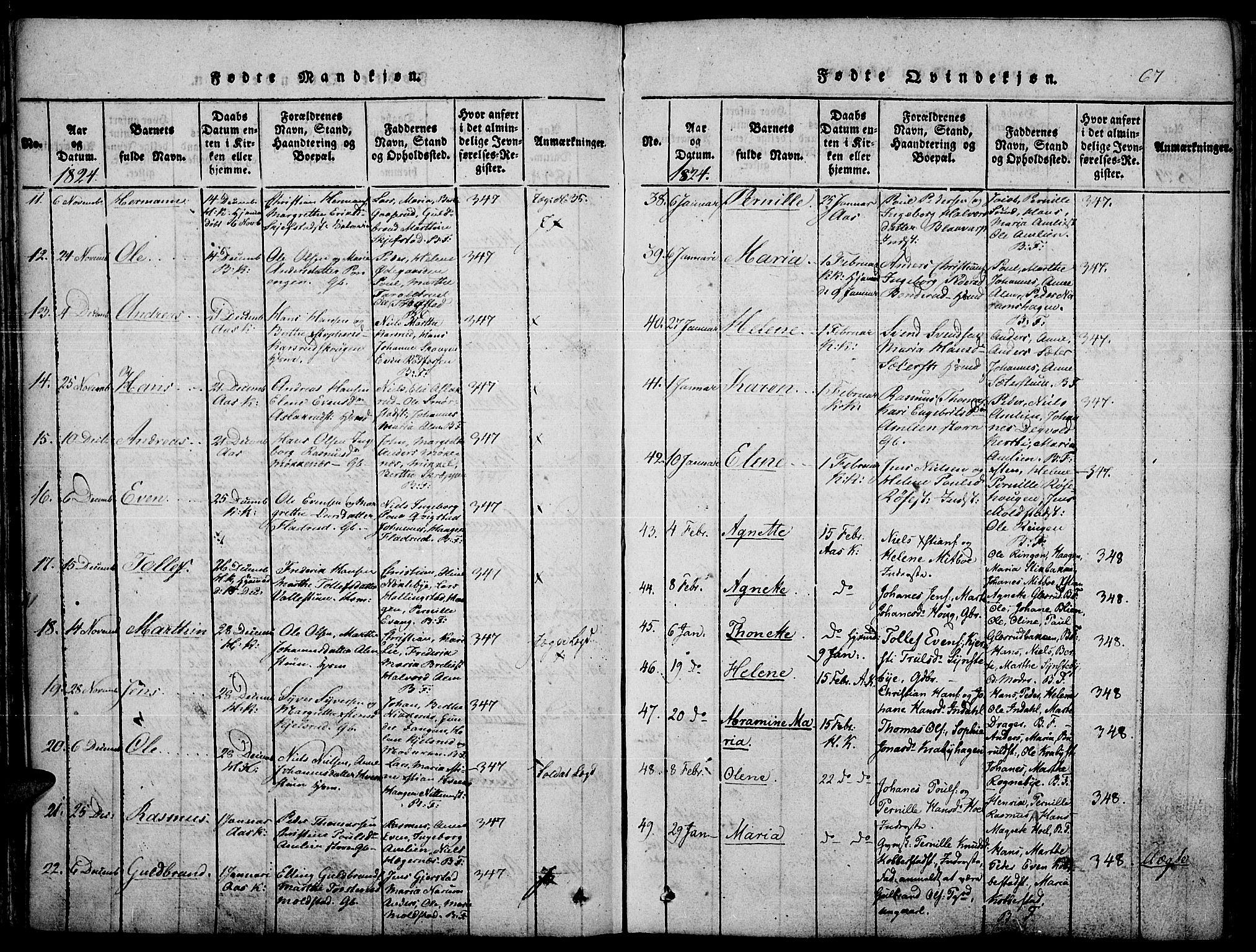 Toten prestekontor, SAH/PREST-102/H/Ha/Haa/L0010: Parish register (official) no. 10, 1820-1828, p. 67