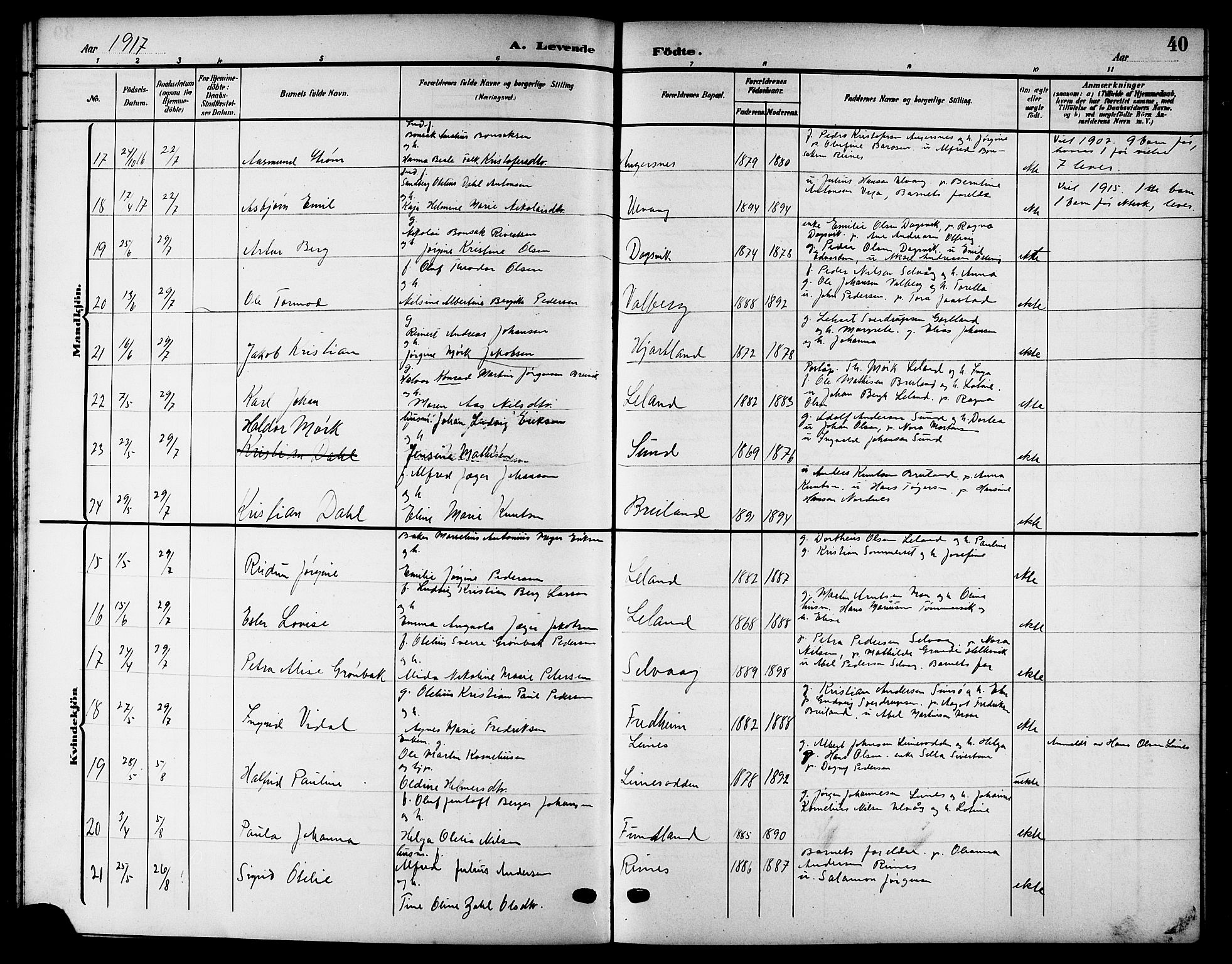 Ministerialprotokoller, klokkerbøker og fødselsregistre - Nordland, AV/SAT-A-1459/832/L0494: Parish register (copy) no. 832C01, 1906-1922, p. 40