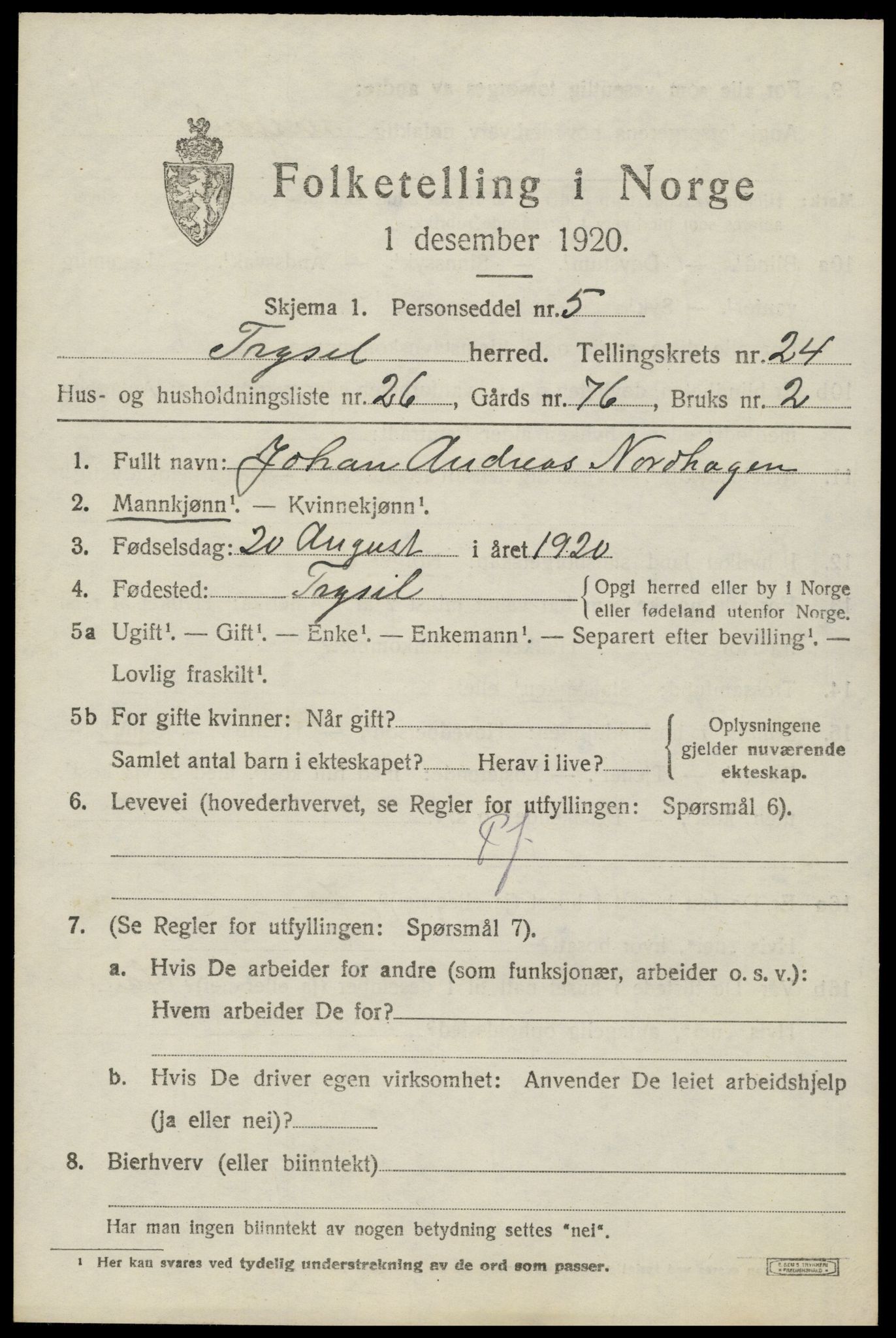 SAH, 1920 census for Trysil, 1920, p. 15533