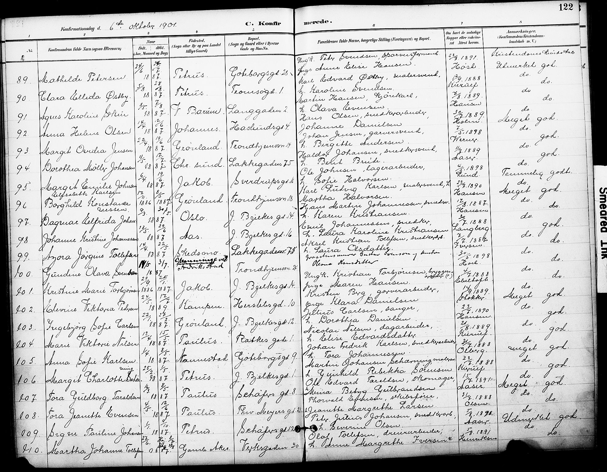 Petrus prestekontor Kirkebøker, AV/SAO-A-10872/F/Fa/L0006: Parish register (official) no. I 6, 1889-1908, p. 122