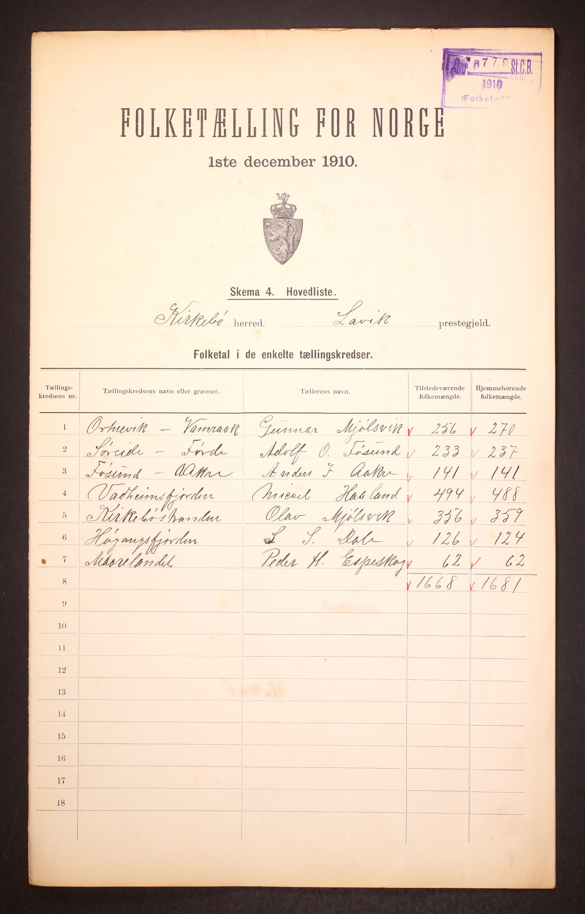 RA, 1910 census for Kyrkjebø, 1910, p. 2