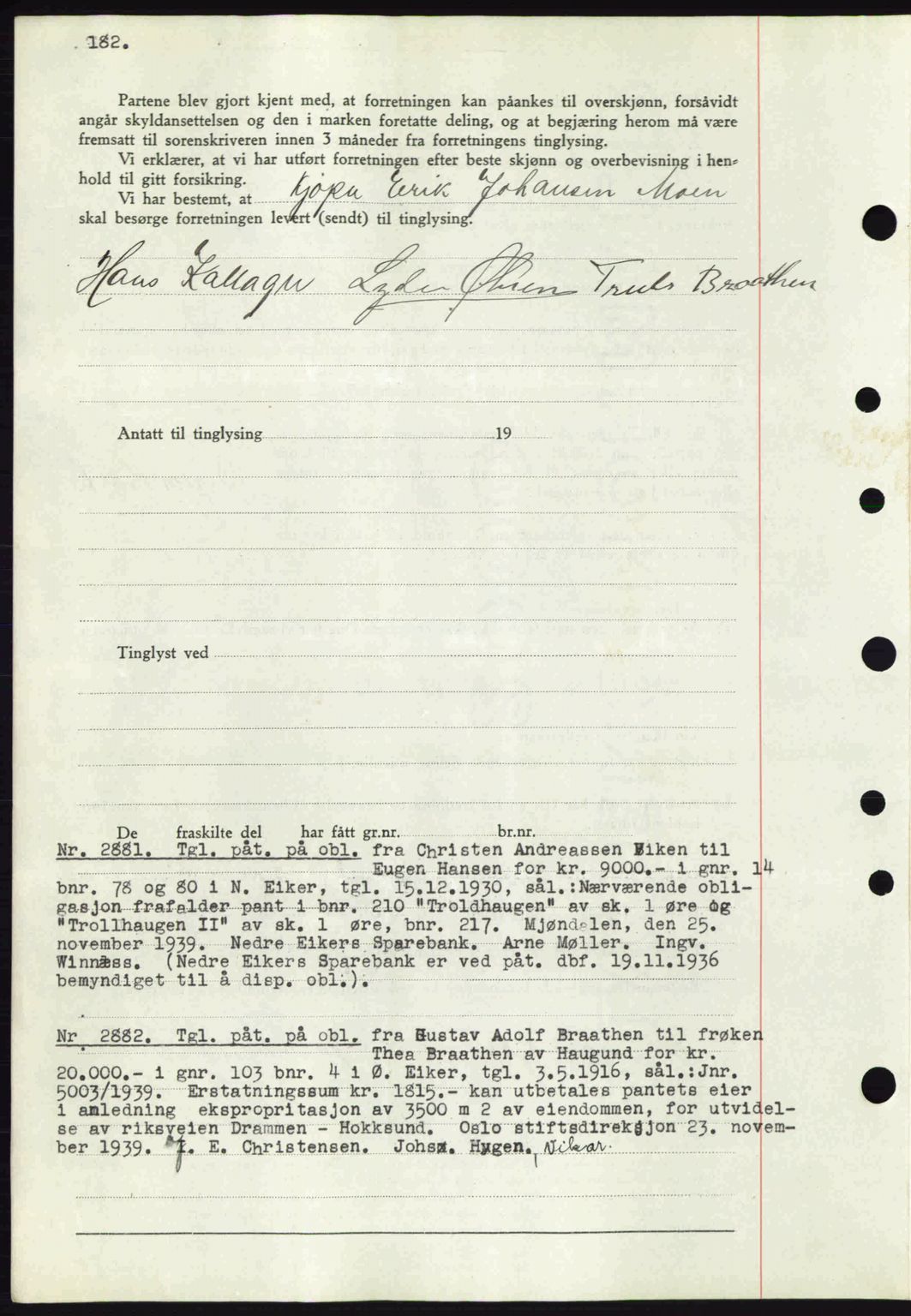 Eiker, Modum og Sigdal sorenskriveri, SAKO/A-123/G/Ga/Gab/L0041: Mortgage book no. A11, 1939-1940, Diary no: : 2881/1939
