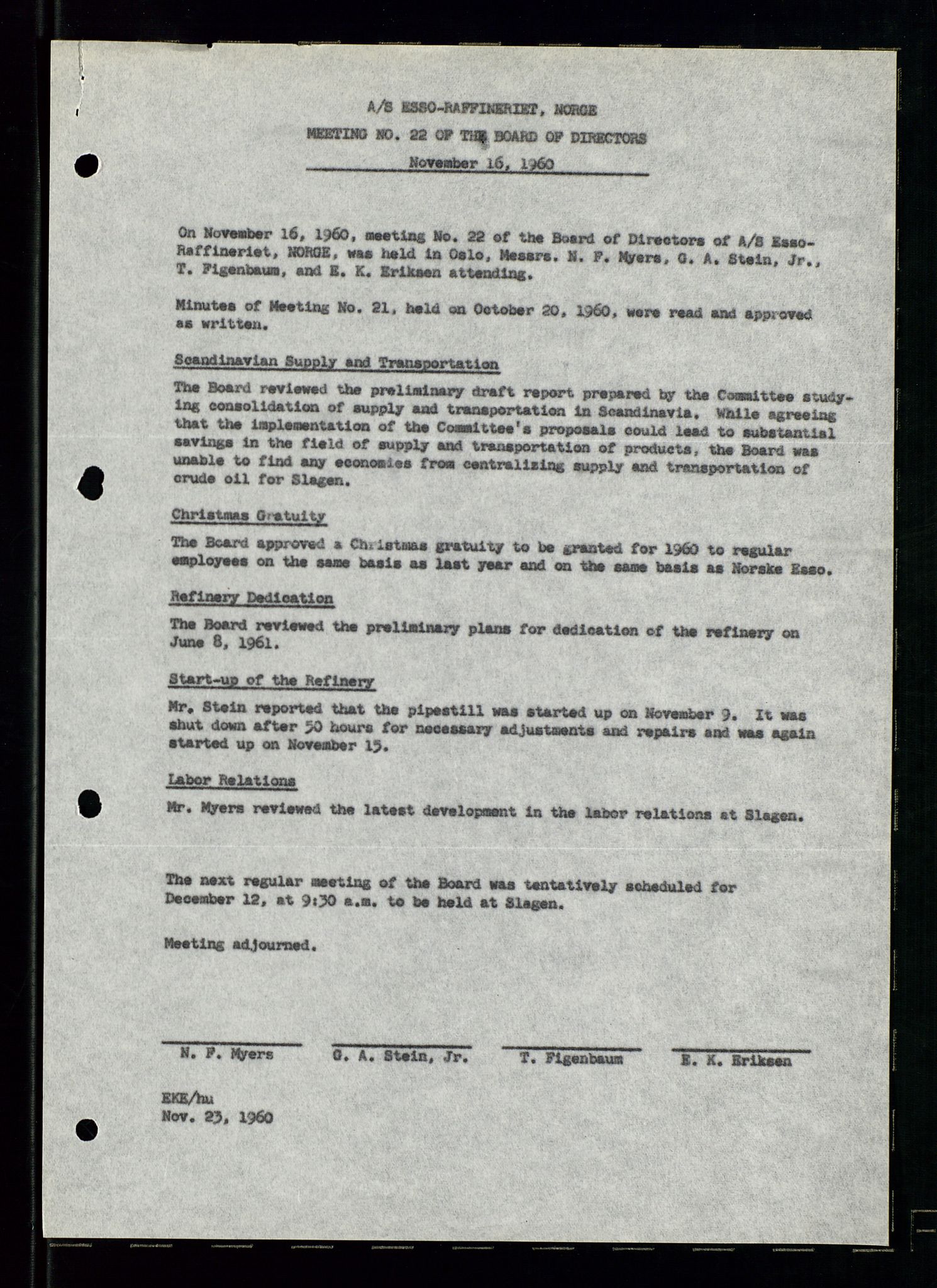 PA 1537 - A/S Essoraffineriet Norge, AV/SAST-A-101957/A/Aa/L0002/0001: Styremøter / Shareholder meetings, Board meeting minutes, 1957-1961, p. 71