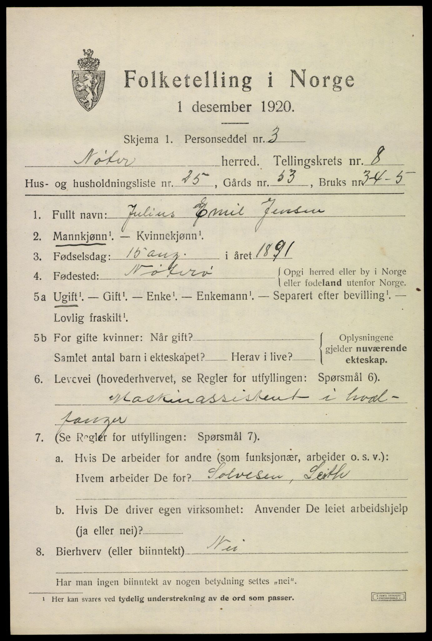 SAKO, 1920 census for Nøtterøy, 1920, p. 10661