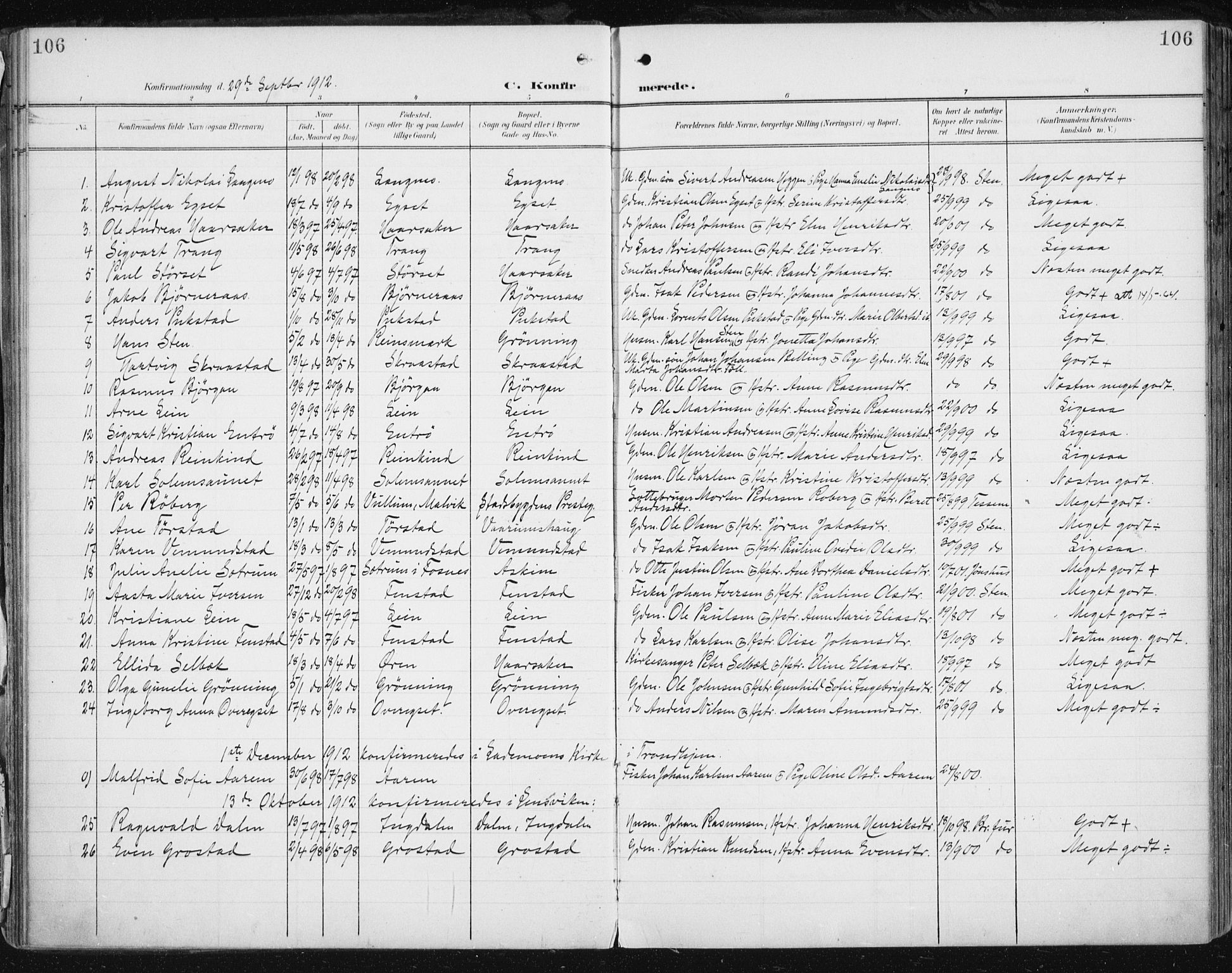Ministerialprotokoller, klokkerbøker og fødselsregistre - Sør-Trøndelag, SAT/A-1456/646/L0616: Parish register (official) no. 646A14, 1900-1918, p. 106