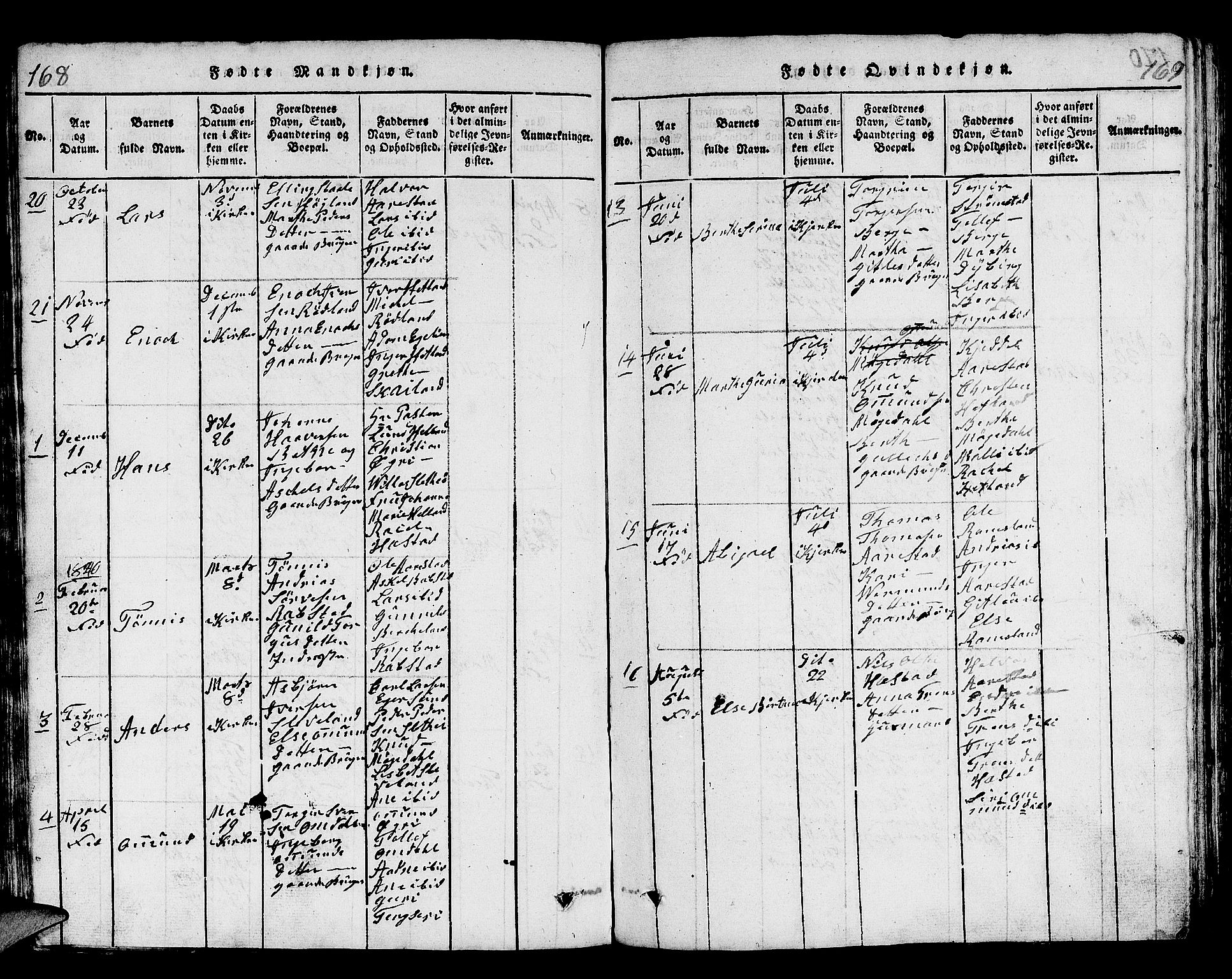 Helleland sokneprestkontor, AV/SAST-A-101810: Parish register (copy) no. B 1, 1815-1841, p. 168-169