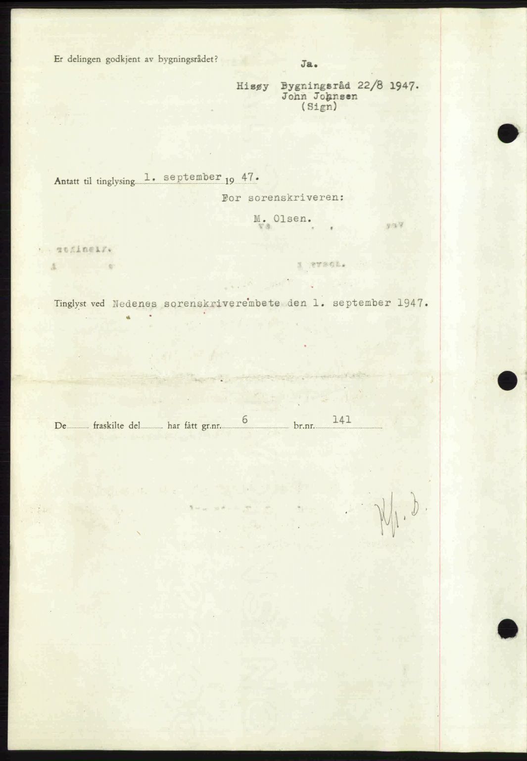 Nedenes sorenskriveri, AV/SAK-1221-0006/G/Gb/Gba/L0058: Mortgage book no. A10, 1947-1948, Diary no: : 1252/1947