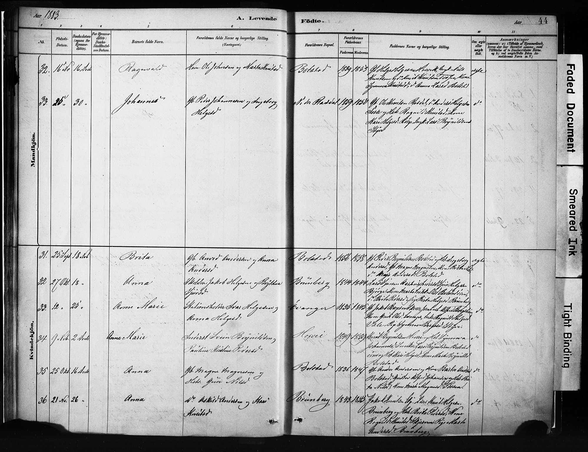 Evanger sokneprestembete, AV/SAB-A-99924: Parish register (official) no. A 1, 1877-1899, p. 44