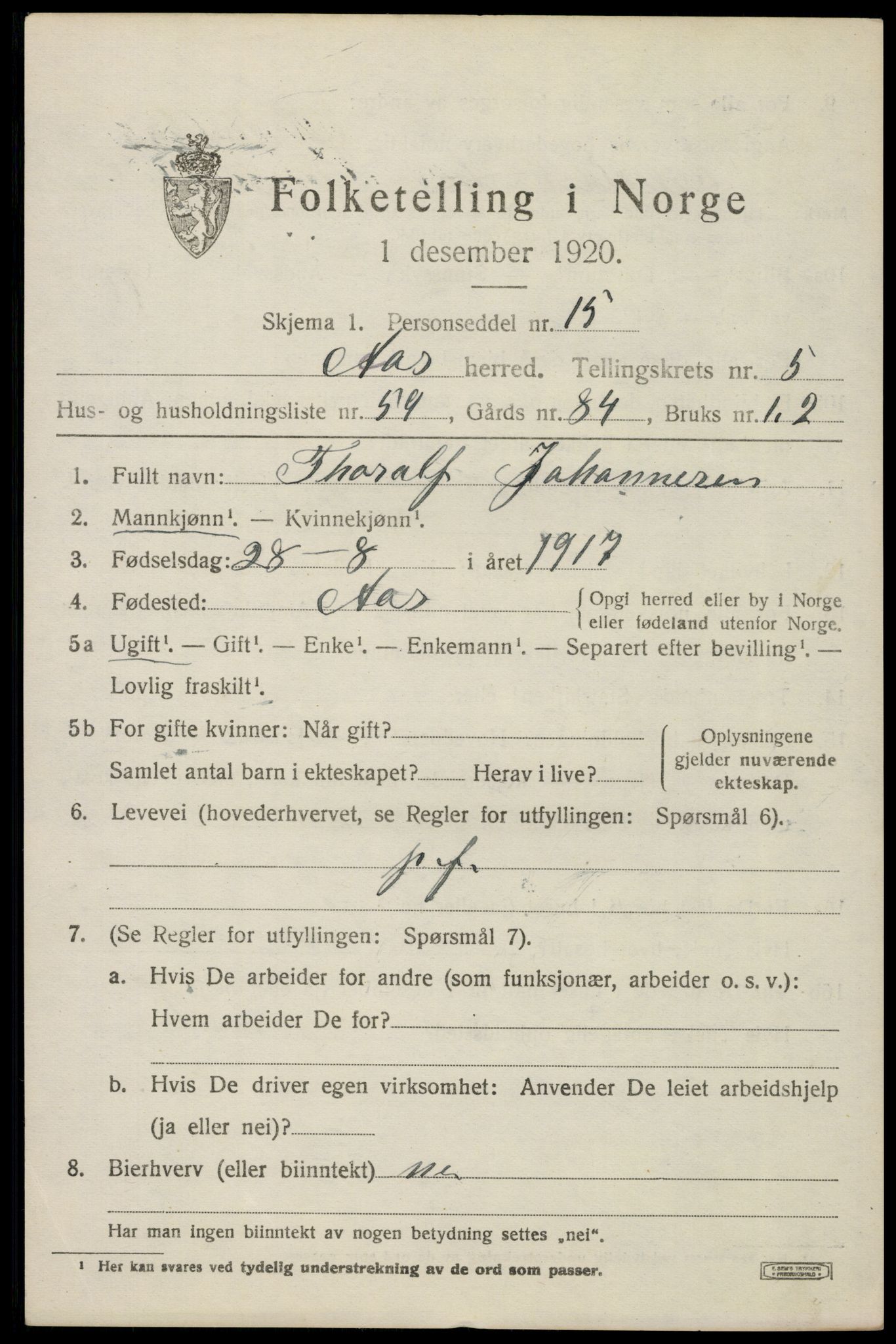 SAO, 1920 census for Ås, 1920, p. 6580