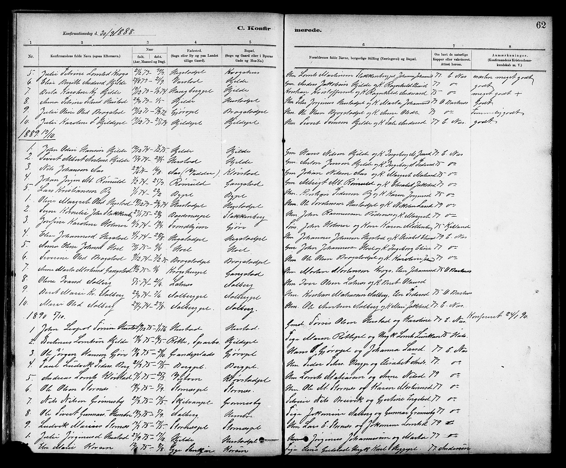 Ministerialprotokoller, klokkerbøker og fødselsregistre - Nord-Trøndelag, AV/SAT-A-1458/732/L0318: Parish register (copy) no. 732C02, 1881-1911, p. 62