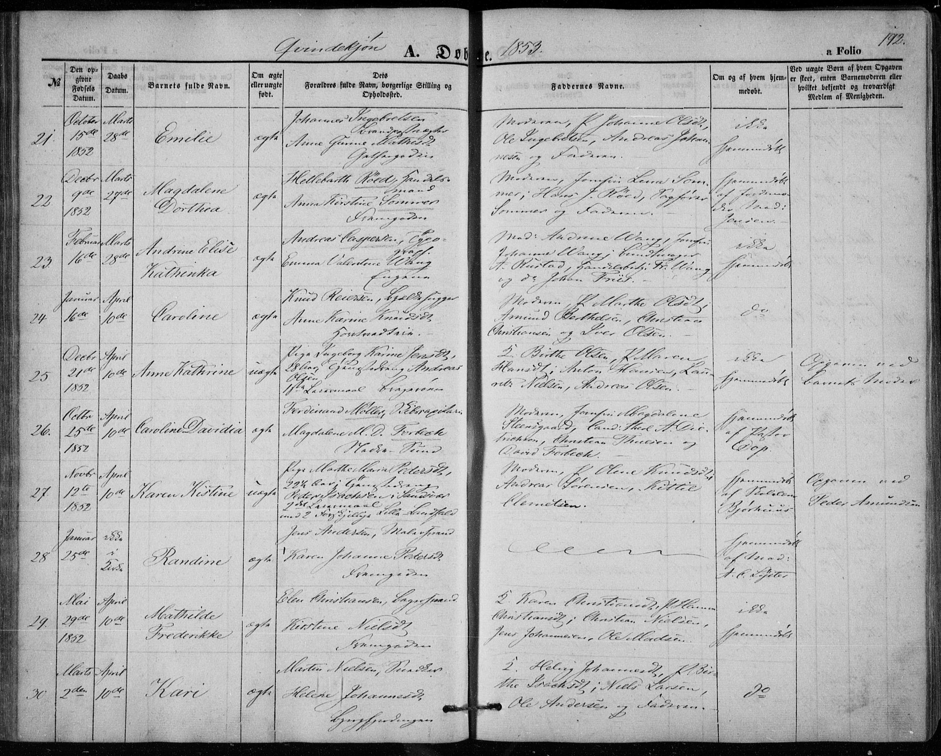 Bragernes kirkebøker, AV/SAKO-A-6/F/Fb/L0002: Parish register (official) no. II 2, 1848-1859, p. 192