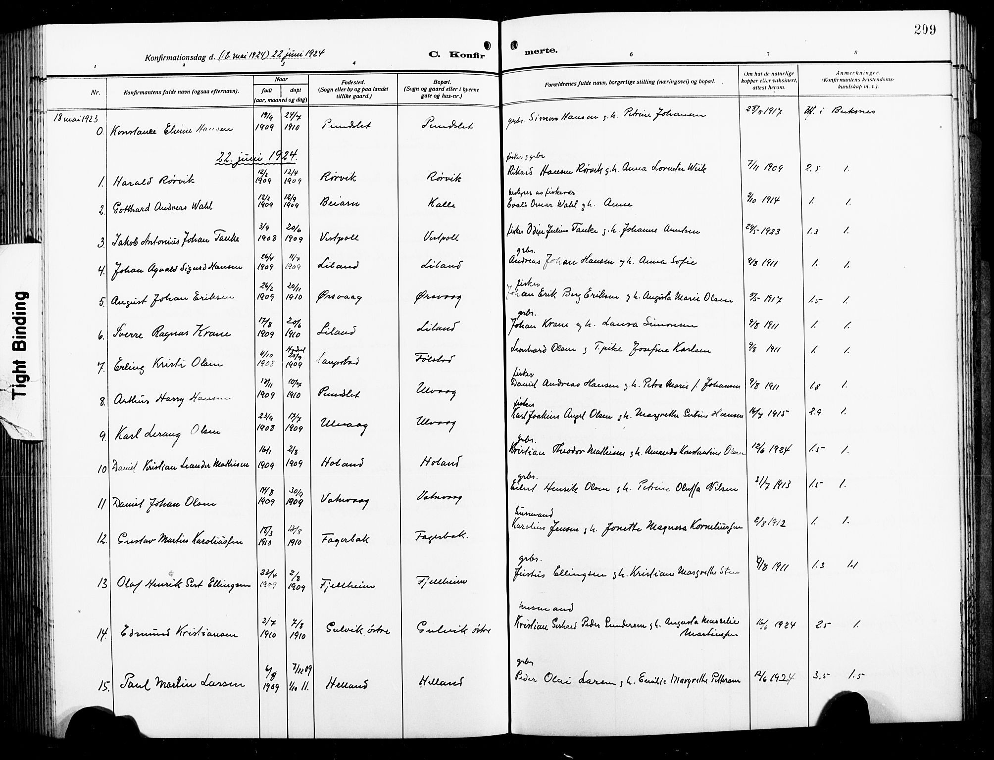 Ministerialprotokoller, klokkerbøker og fødselsregistre - Nordland, AV/SAT-A-1459/874/L1080: Parish register (copy) no. 874C09, 1915-1925, p. 209