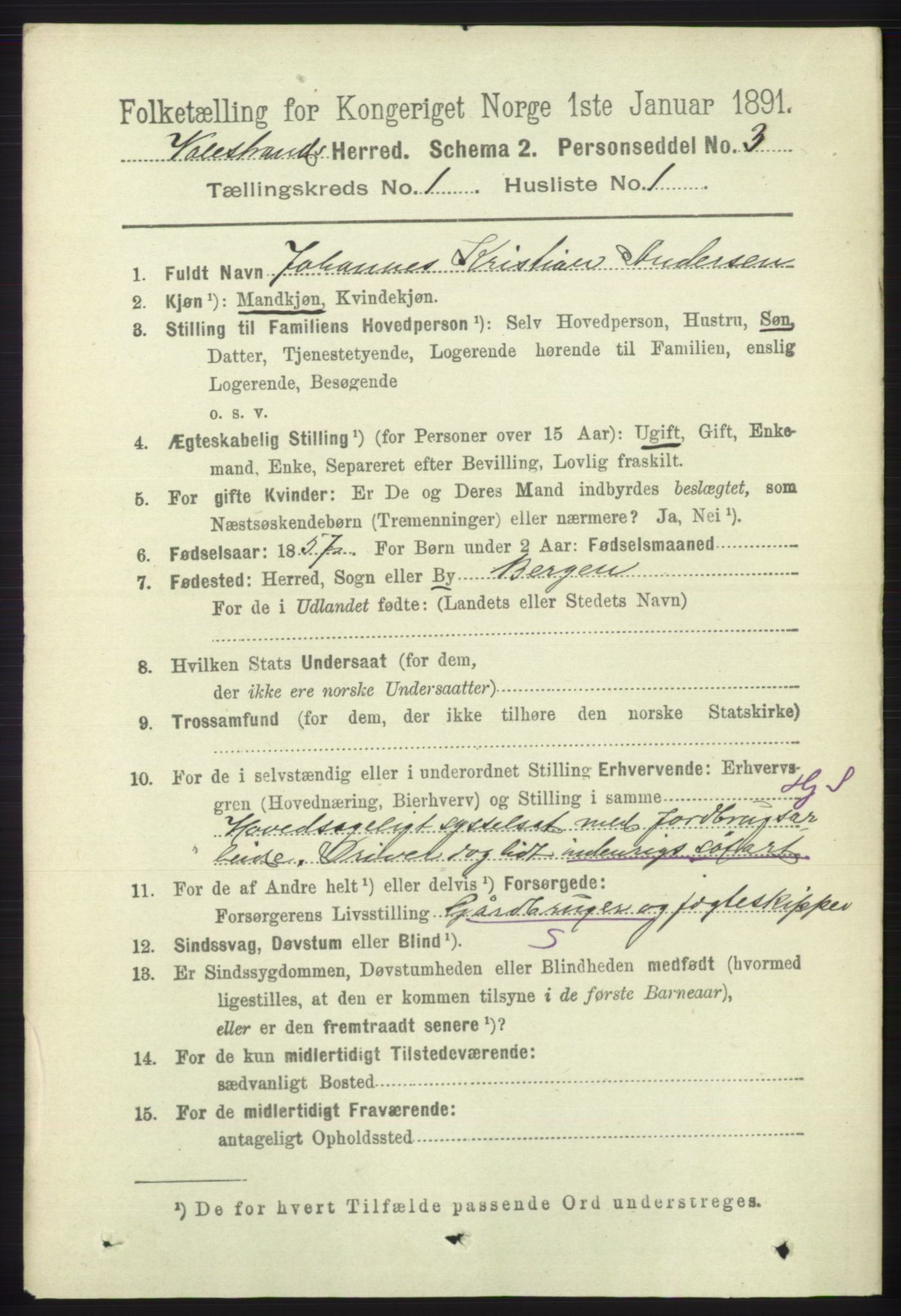 RA, 1891 census for 1217 Valestrand, 1891, p. 58