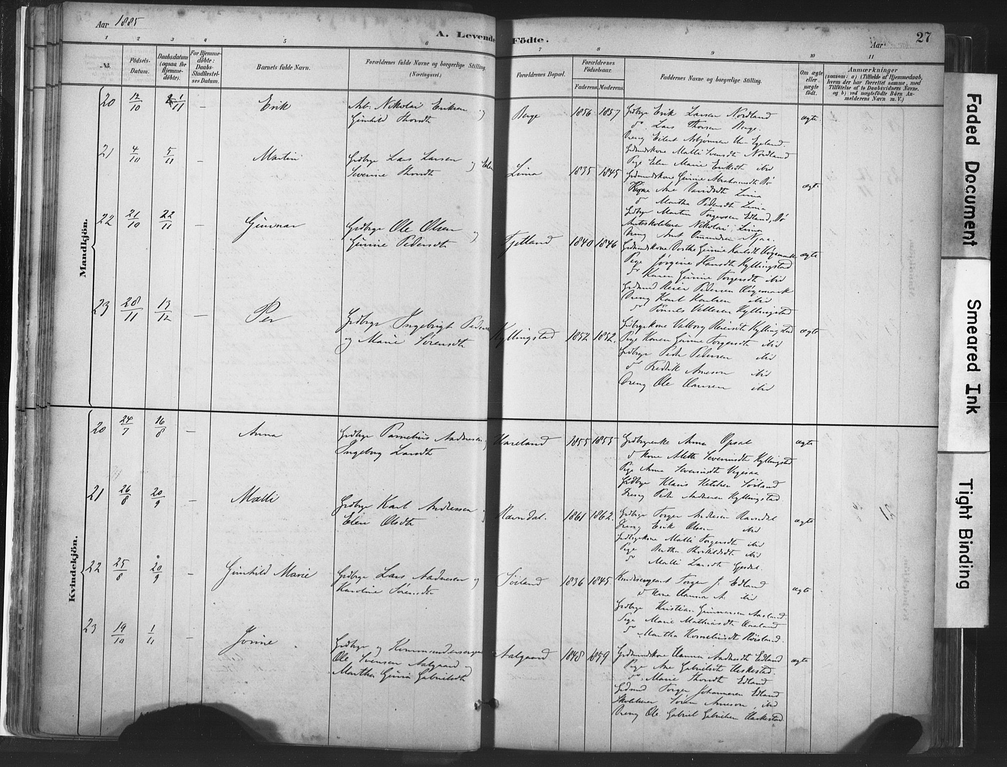 Lye sokneprestkontor, AV/SAST-A-101794/001/30BA/L0010: Parish register (official) no. A 10, 1881-1896, p. 27