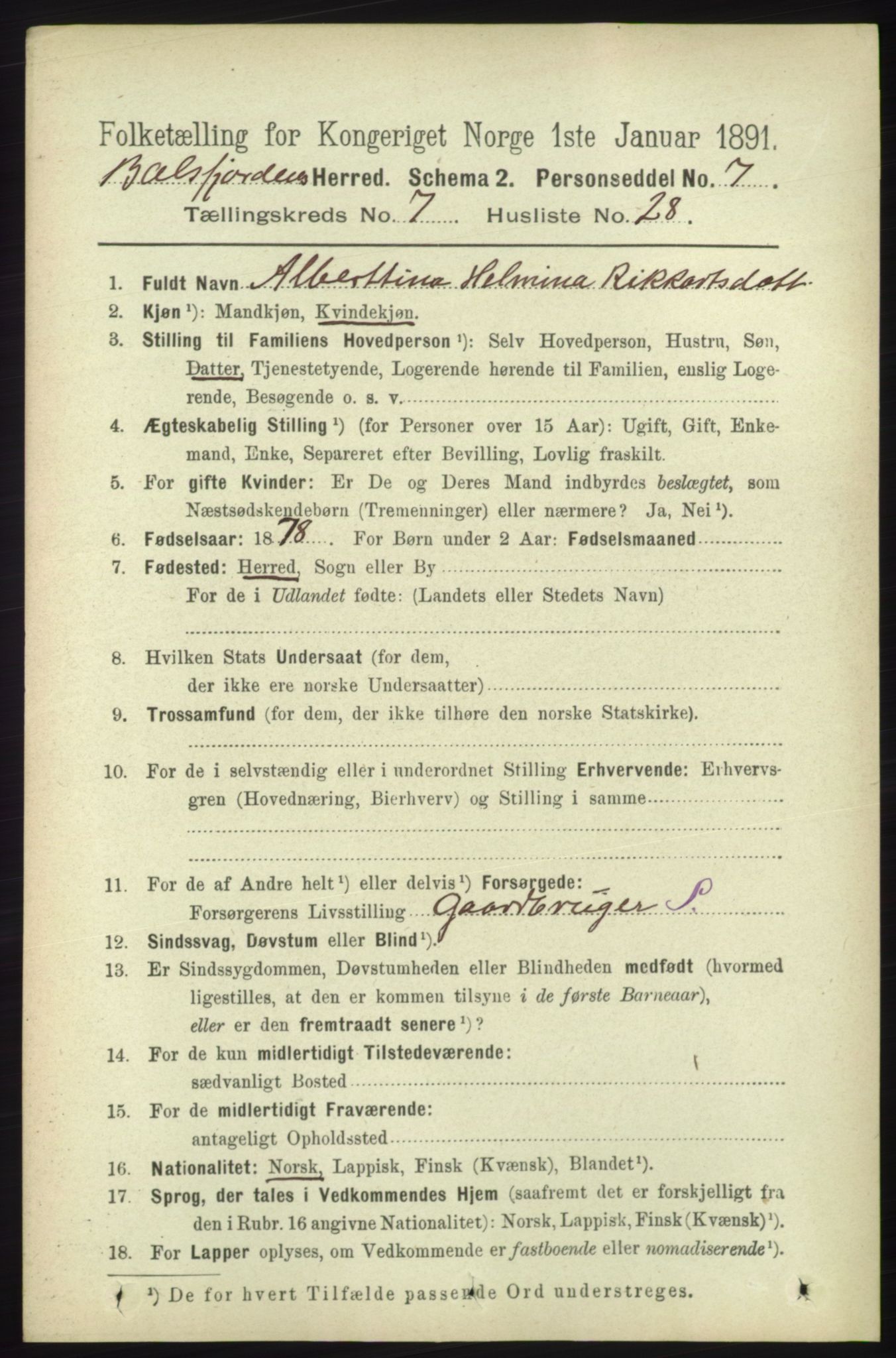 RA, 1891 census for 1933 Balsfjord, 1891, p. 2230