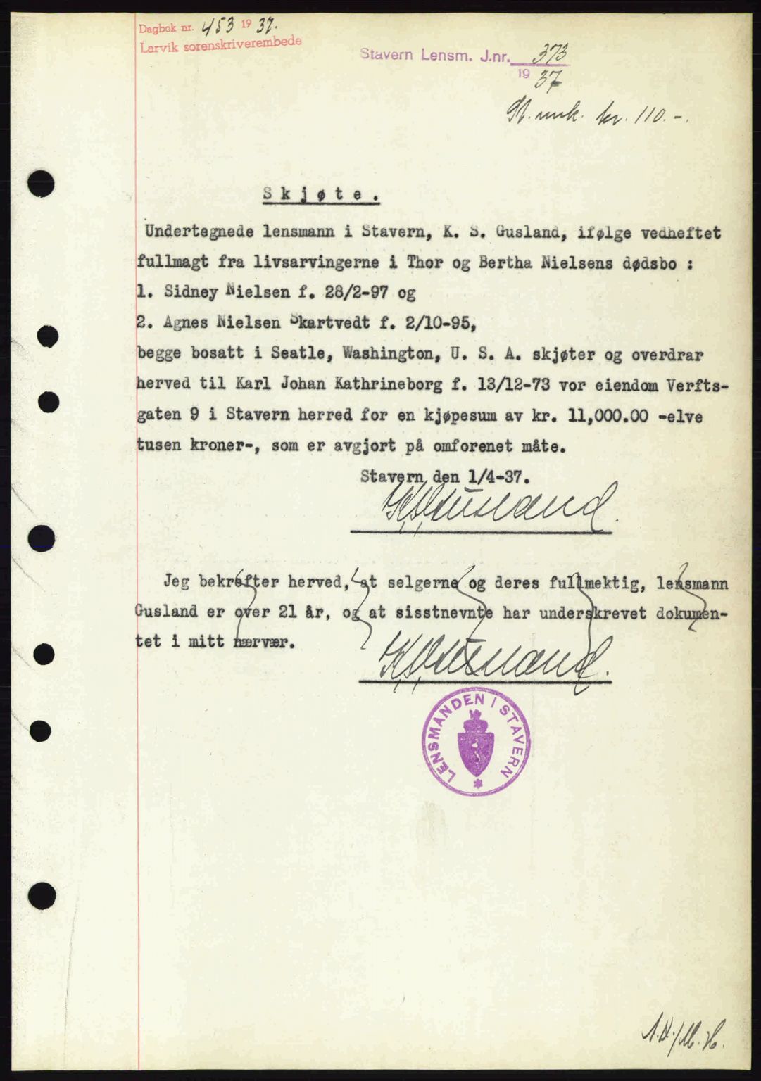 Larvik sorenskriveri, SAKO/A-83/G/Ga/Gab/L0067: Mortgage book no. A-1, 1936-1937, Diary no: : 453/1937