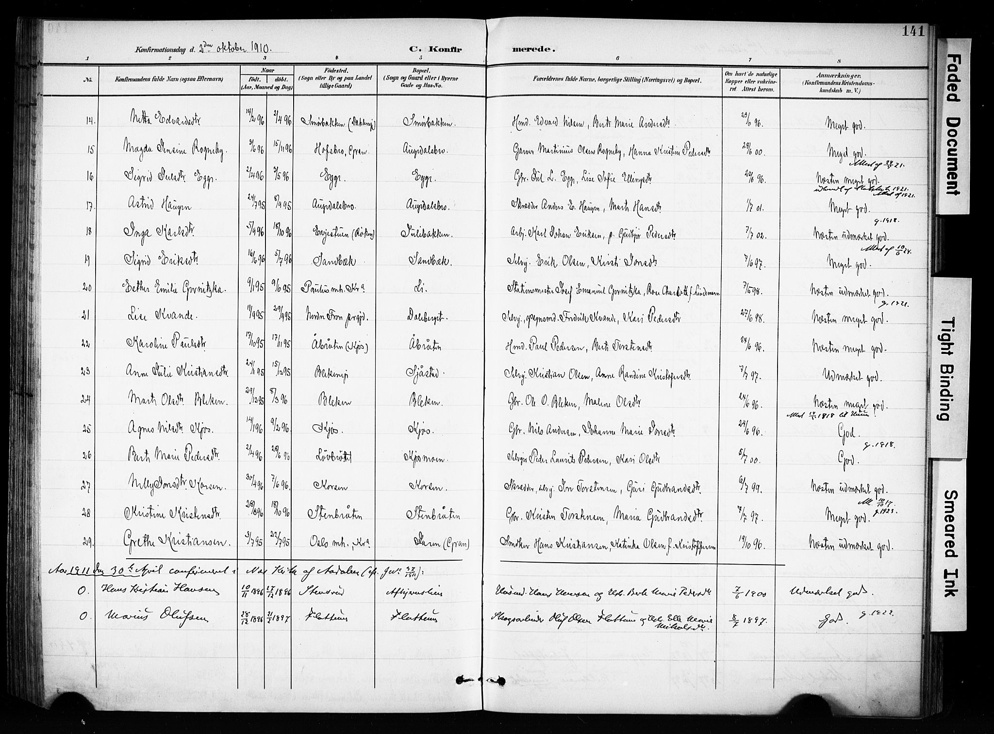 Brandbu prestekontor, SAH/PREST-114/H/Ha/Haa/L0001: Parish register (official) no. 1, 1900-1912, p. 141