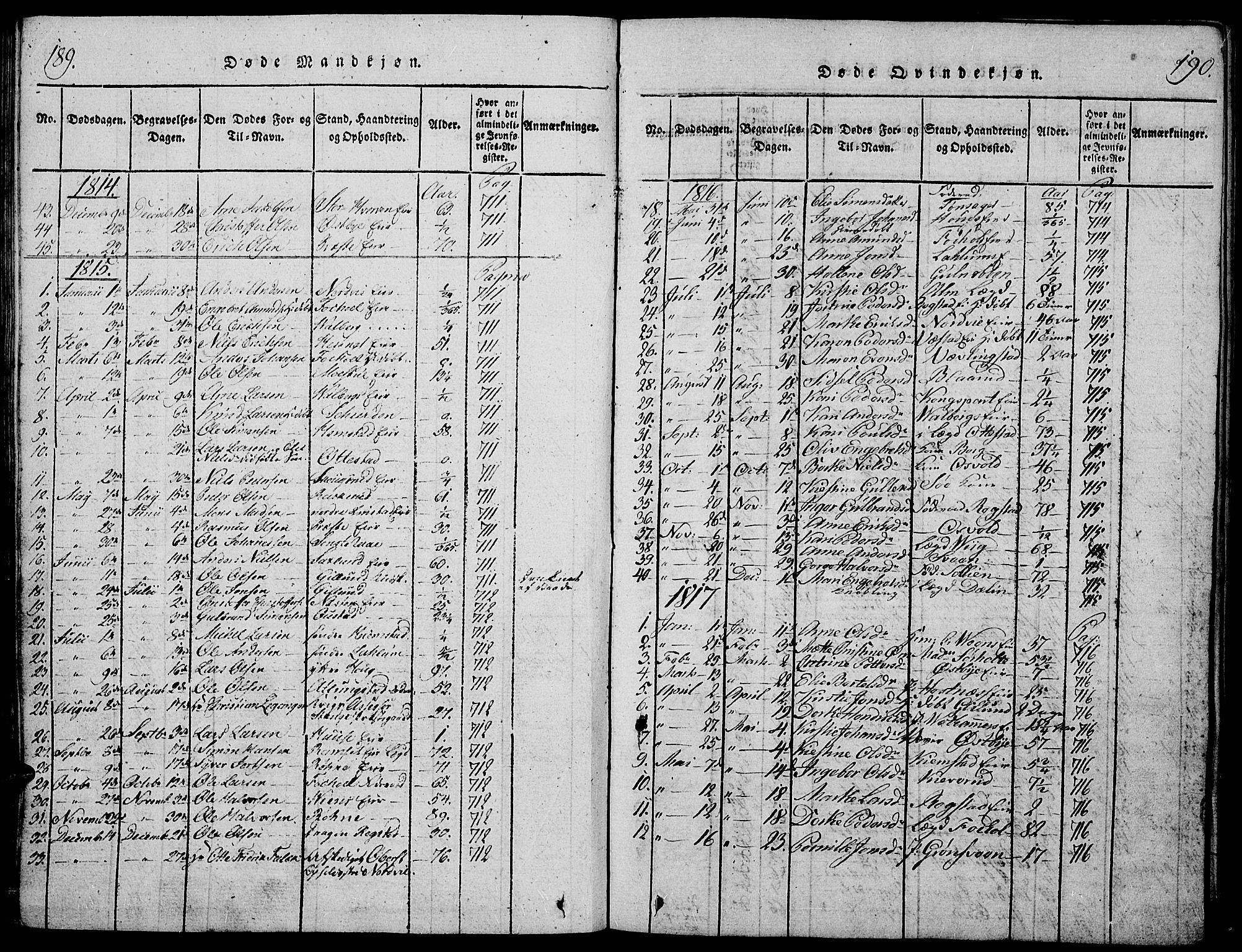 Stange prestekontor, AV/SAH-PREST-002/K/L0008: Parish register (official) no. 8, 1814-1825, p. 189-190