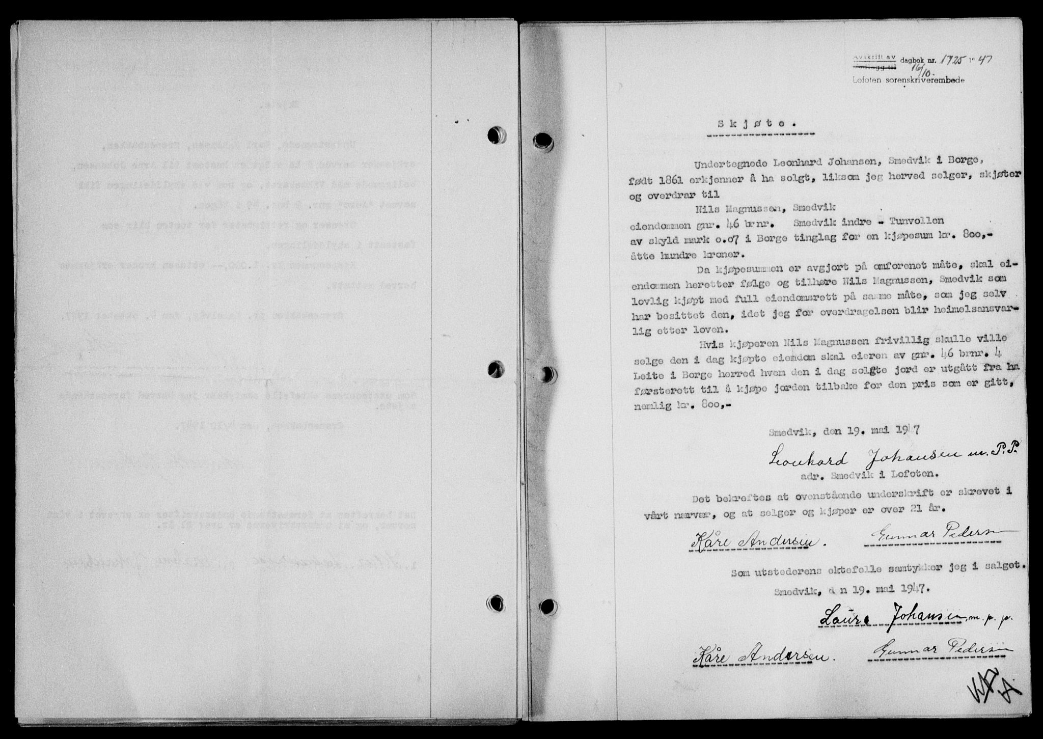 Lofoten sorenskriveri, SAT/A-0017/1/2/2C/L0017a: Mortgage book no. 17a, 1947-1948, Diary no: : 1725/1947
