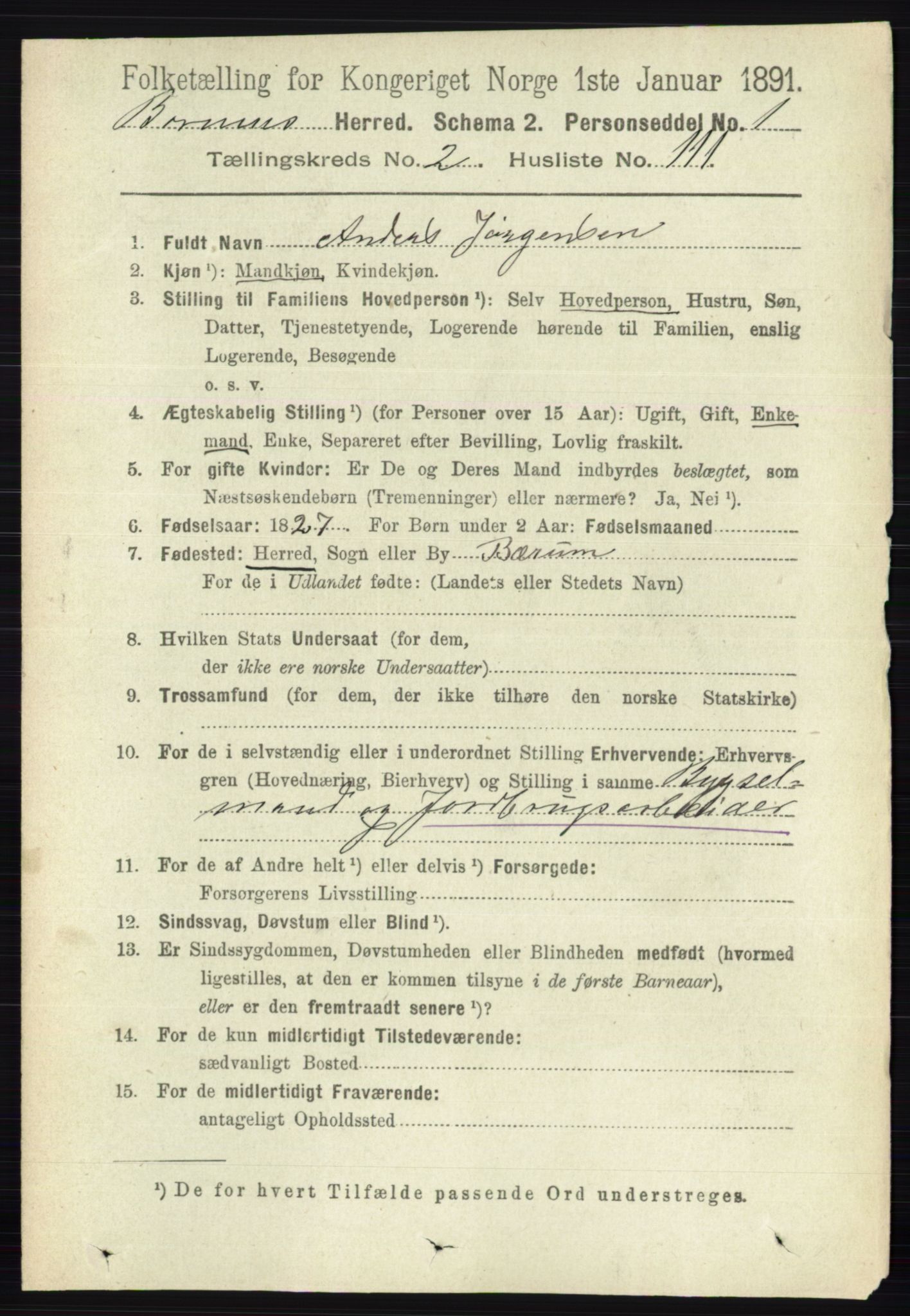 RA, 1891 census for 0219 Bærum, 1891, p. 1889