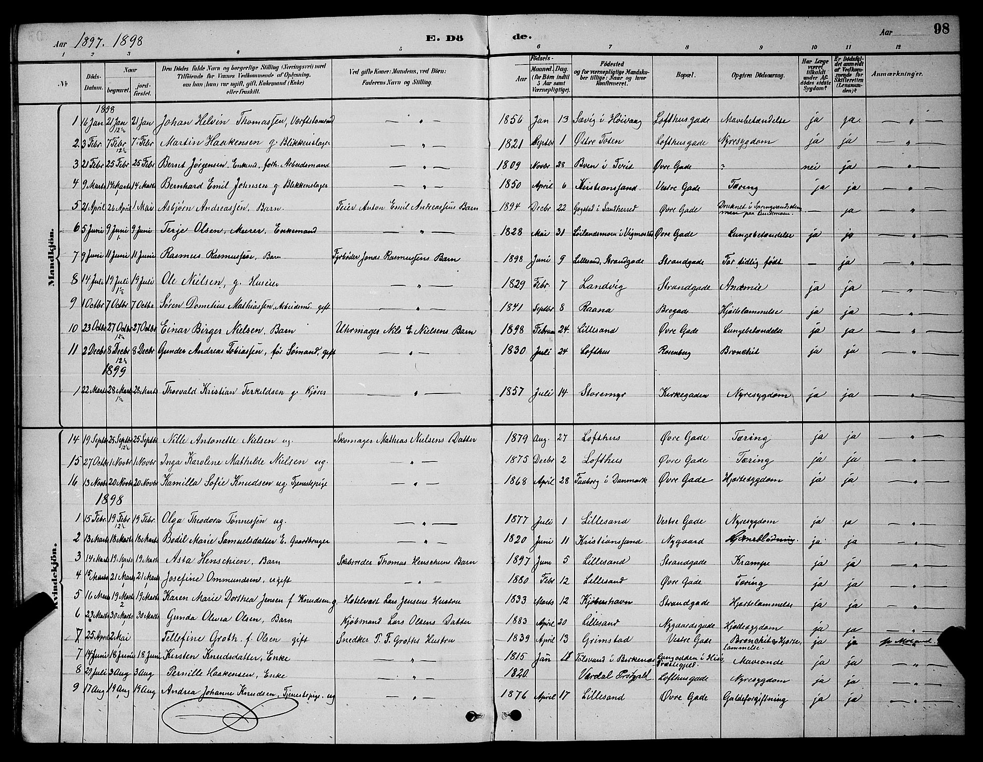 Vestre Moland sokneprestkontor, SAK/1111-0046/F/Fb/Fba/L0001: Parish register (copy) no. B 1, 1884-1903, p. 98