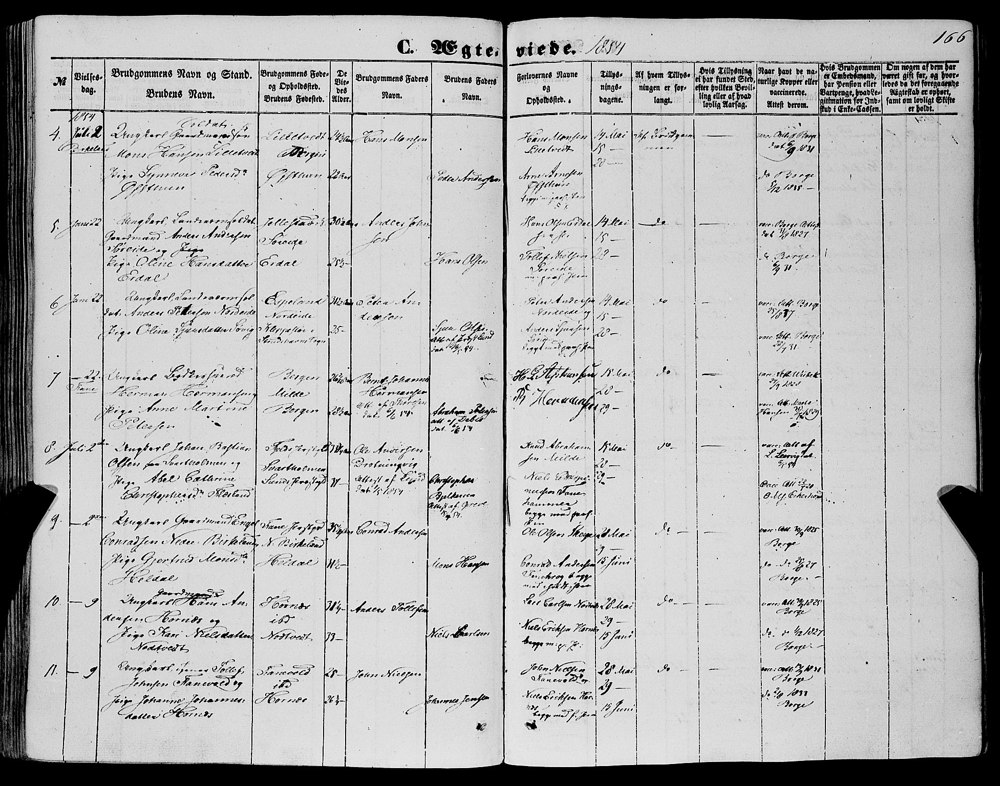 Fana Sokneprestembete, SAB/A-75101/H/Haa/Haaa/L0011: Parish register (official) no. A 11, 1851-1862, p. 166