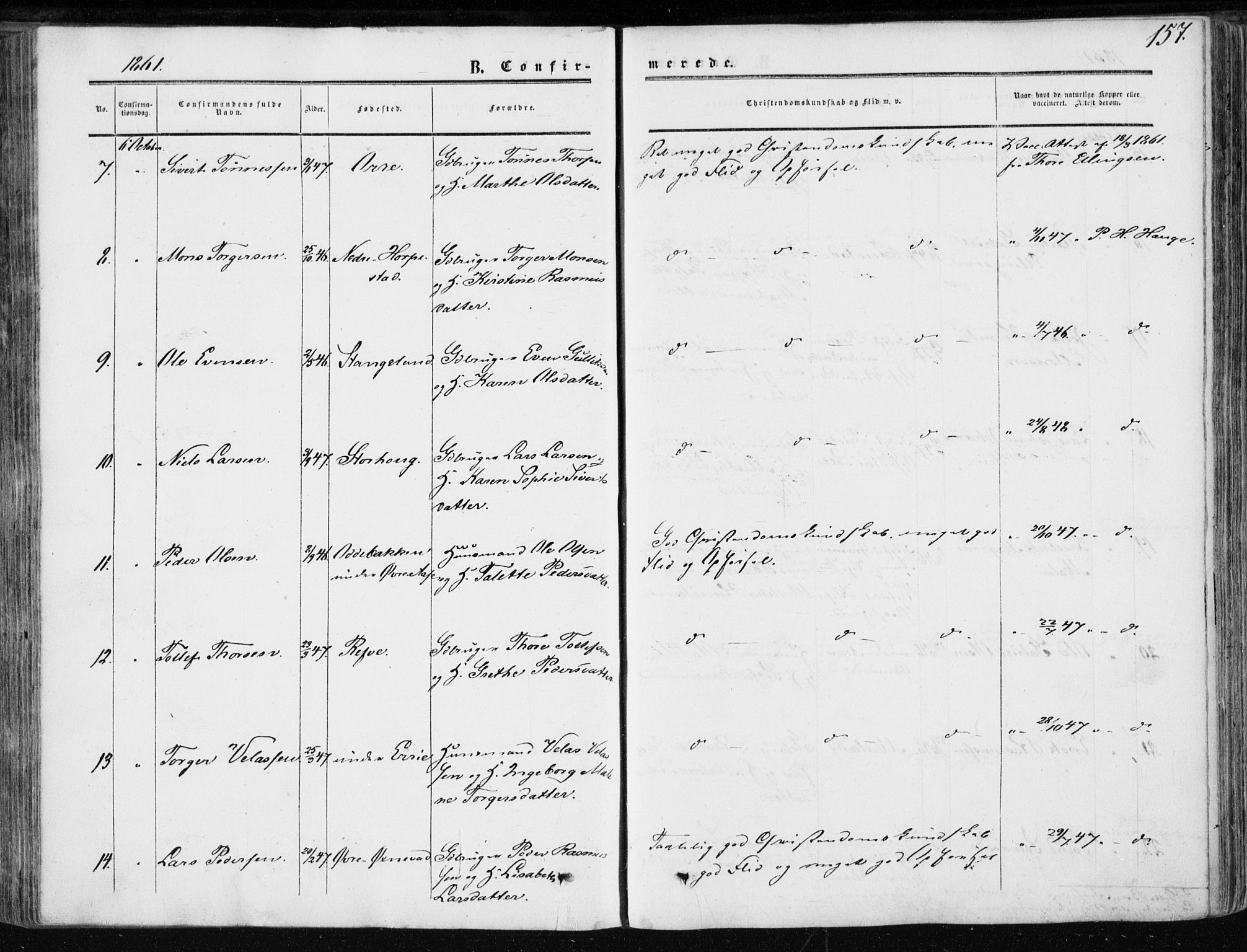 Klepp sokneprestkontor, AV/SAST-A-101803/001/3/30BA/L0005: Parish register (official) no. A 5, 1853-1870, p. 157