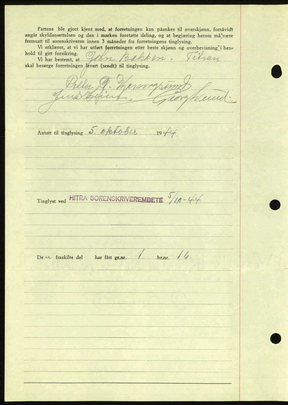 Hitra sorenskriveri, AV/SAT-A-0018/2/2C/2Ca: Mortgage book no. A2, 1943-1945, Diary no: : 654/1944