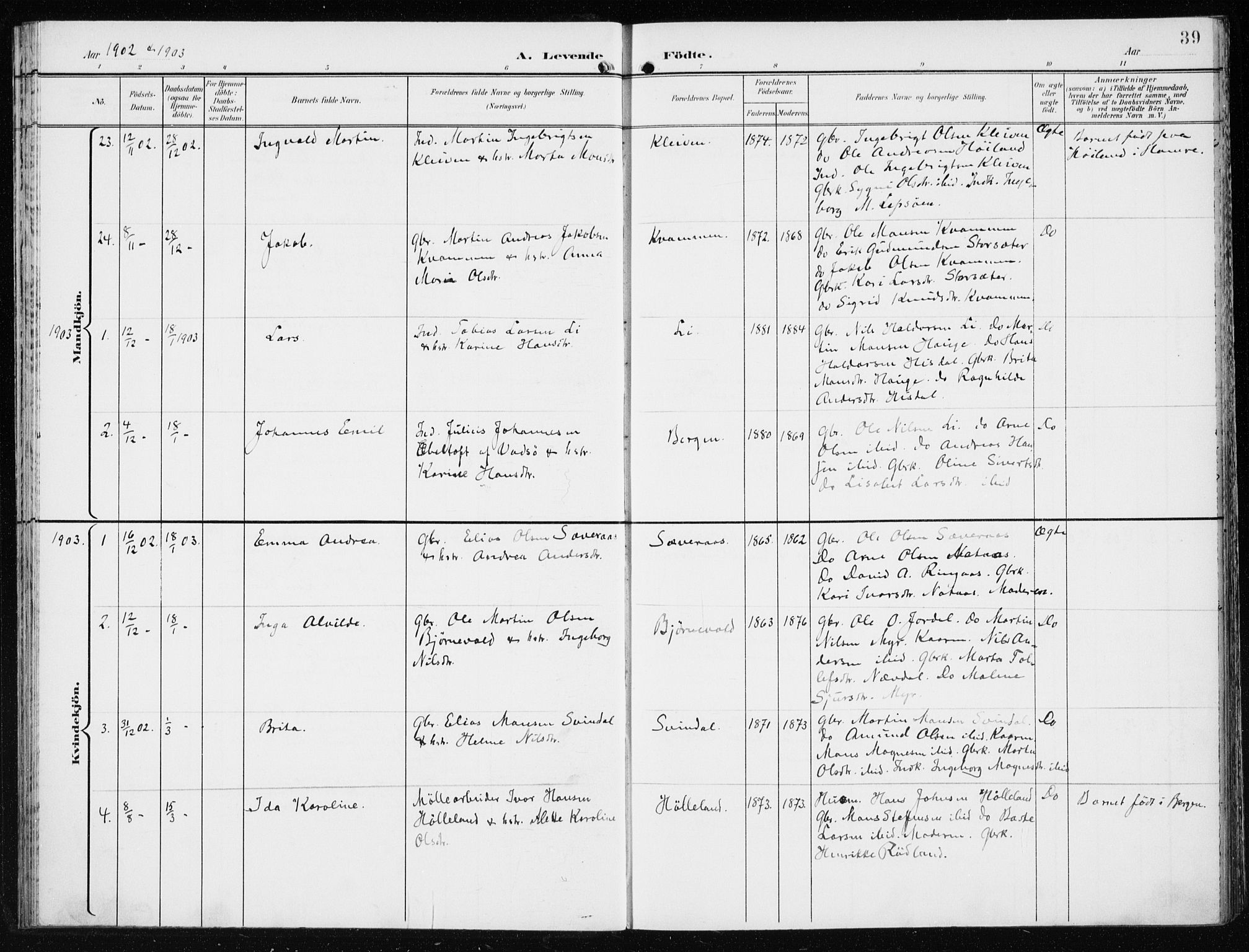 Lindås Sokneprestembete, AV/SAB-A-76701/H/Haa/Haaf/L0002: Parish register (official) no. F  2, 1897-1909, p. 39