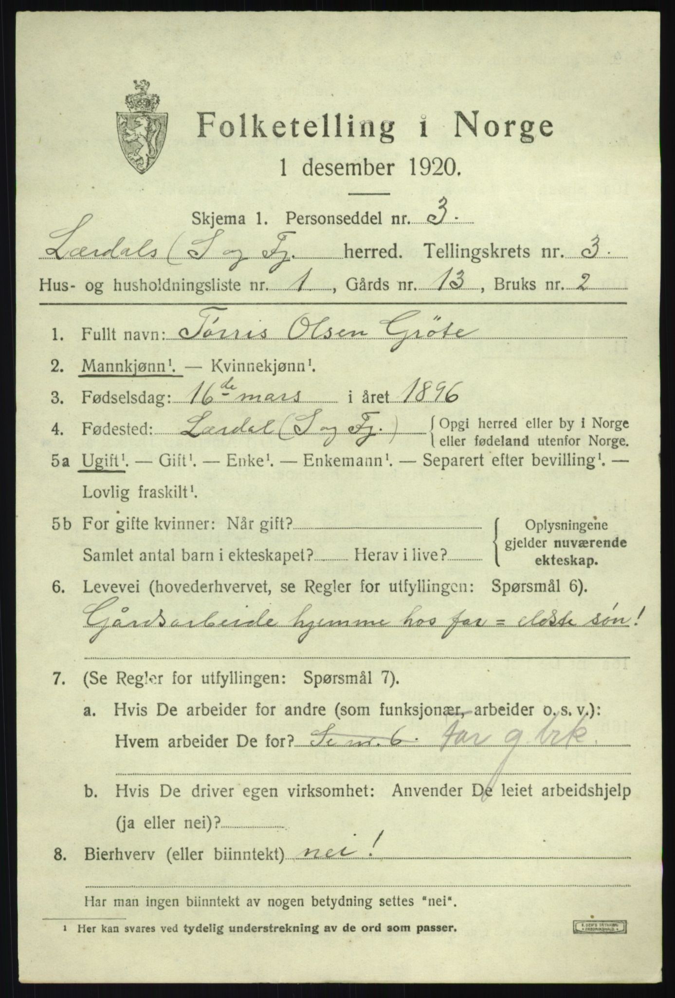 SAB, 1920 census for Lærdal, 1920, p. 1762