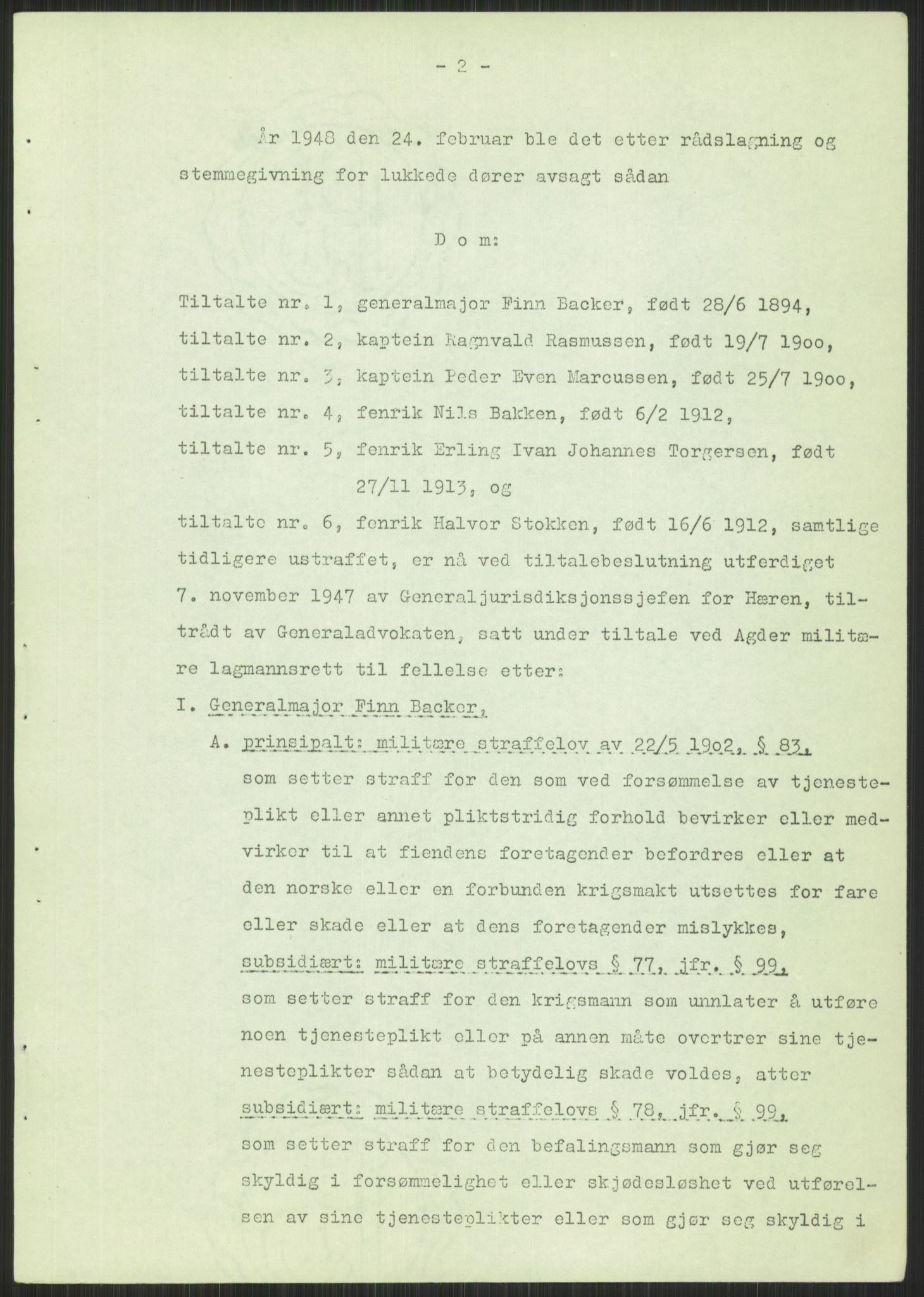 Forsvaret, Forsvarets krigshistoriske avdeling, AV/RA-RAFA-2017/Y/Yb/L0094: II-C-11-335  -  3. Divisjon.  Sak mot general Finn Backer m.fl., 1940-1948