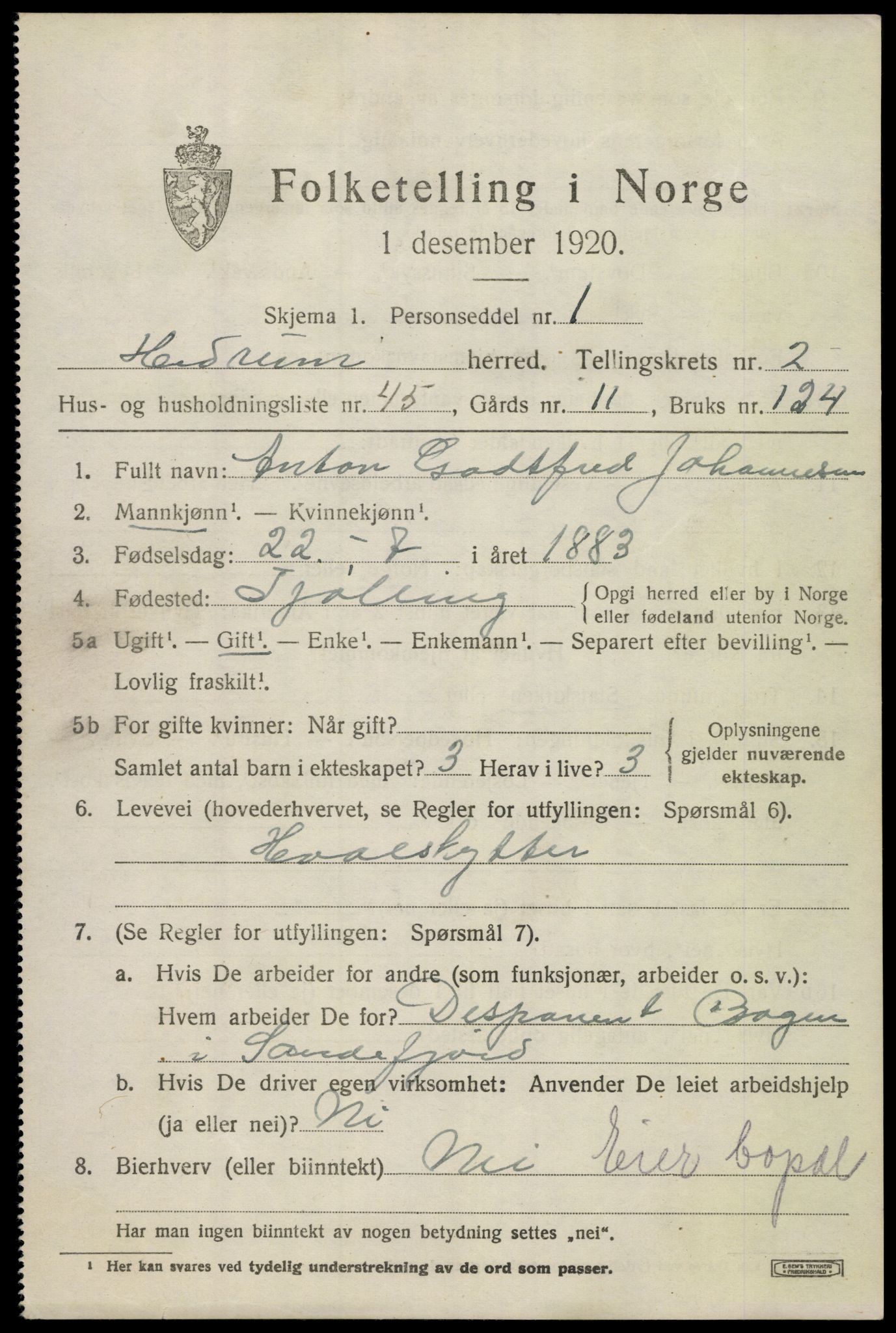 SAKO, 1920 census for Hedrum, 1920, p. 3025