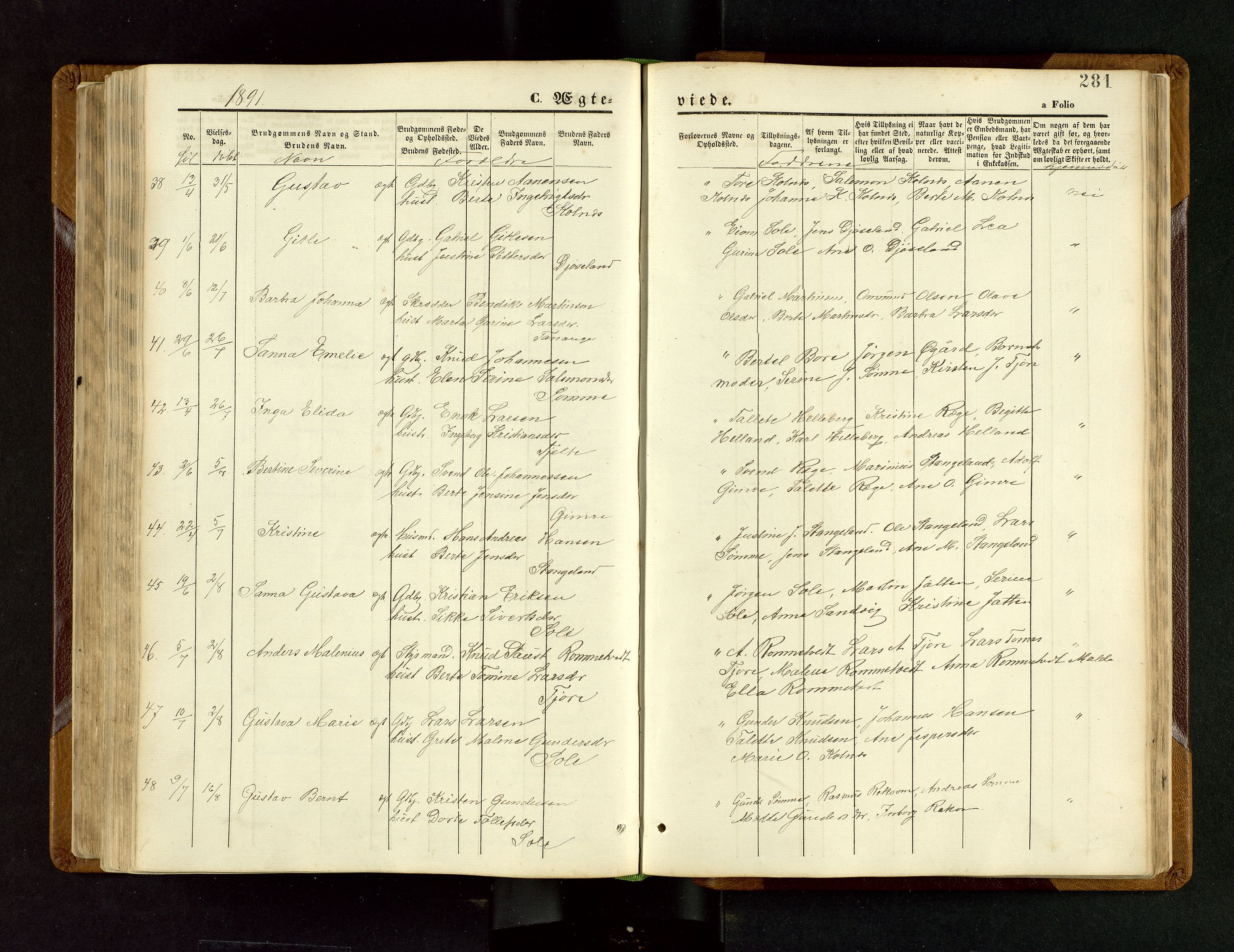 Håland sokneprestkontor, AV/SAST-A-101802/001/30BB/L0003: Parish register (copy) no. B 3, 1873-1893, p. 281