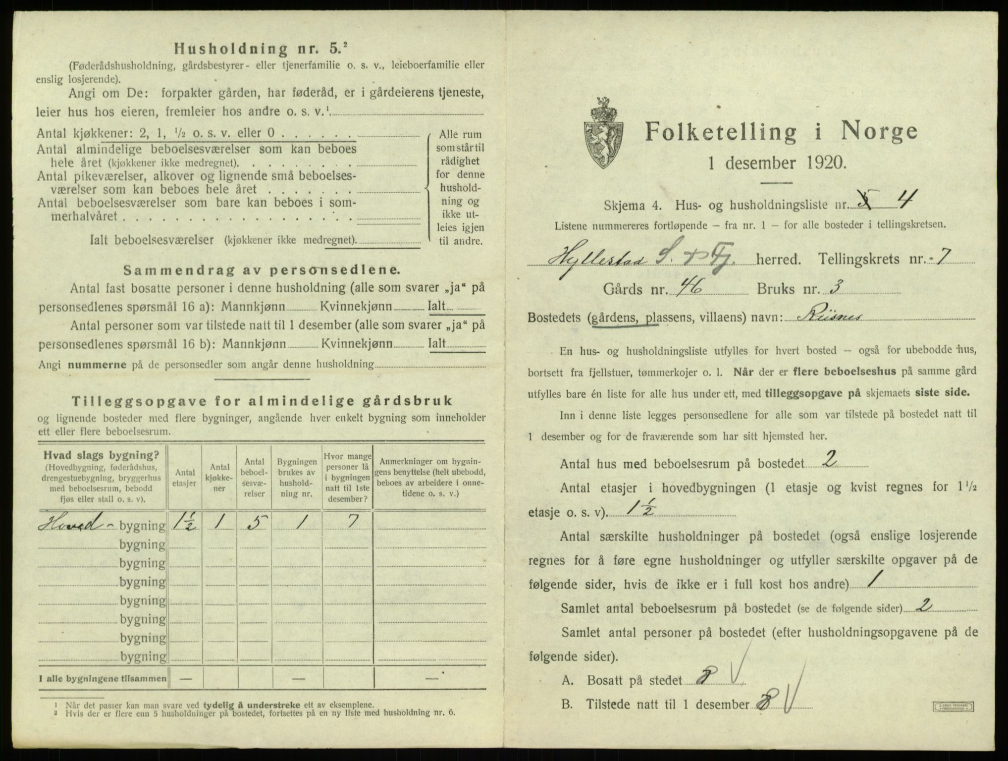 SAB, 1920 census for Hyllestad, 1920, p. 391