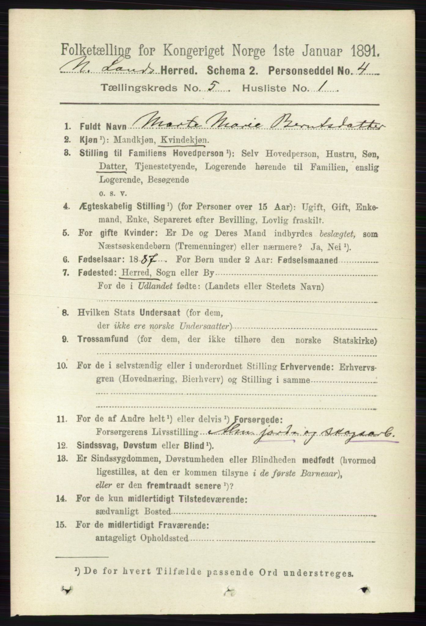 RA, 1891 census for 0538 Nordre Land, 1891, p. 1555