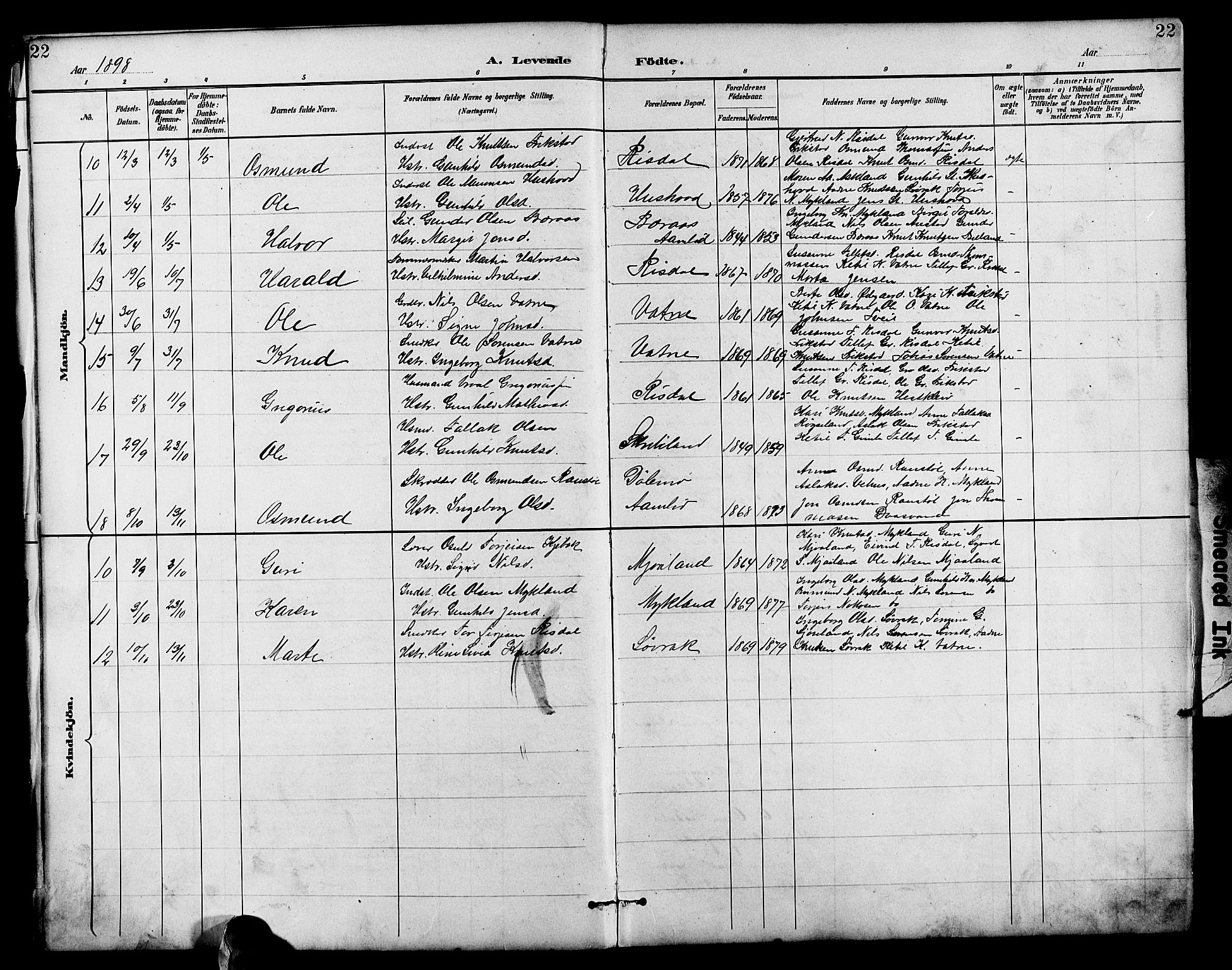 Herefoss sokneprestkontor, AV/SAK-1111-0019/F/Fb/Fbc/L0003: Parish register (copy) no. B 3, 1887-1915, p. 22