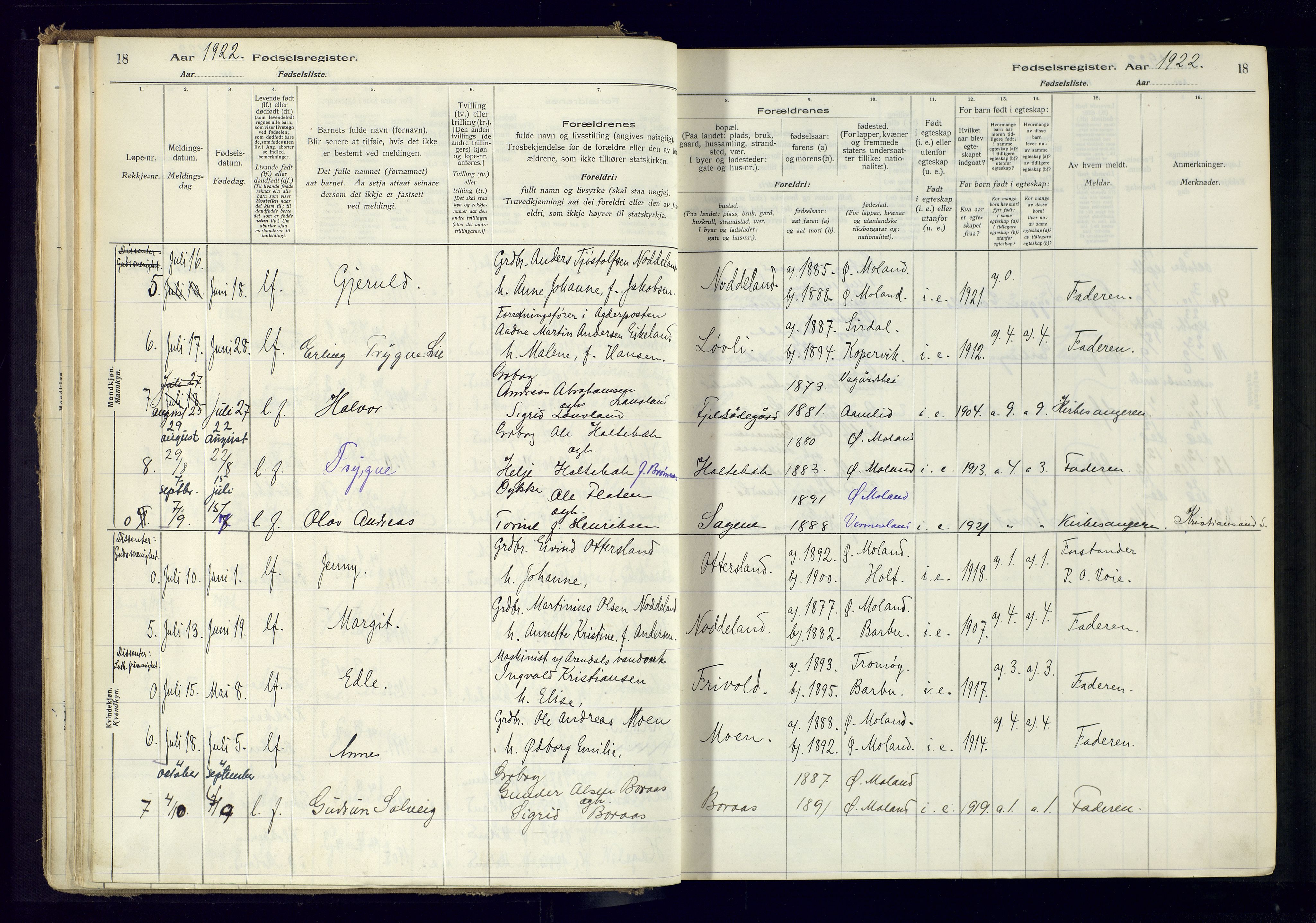 Austre Moland sokneprestkontor, SAK/1111-0001/J/Ja/L0001: Birth register no. A-VI-25, 1916-1975, p. 18