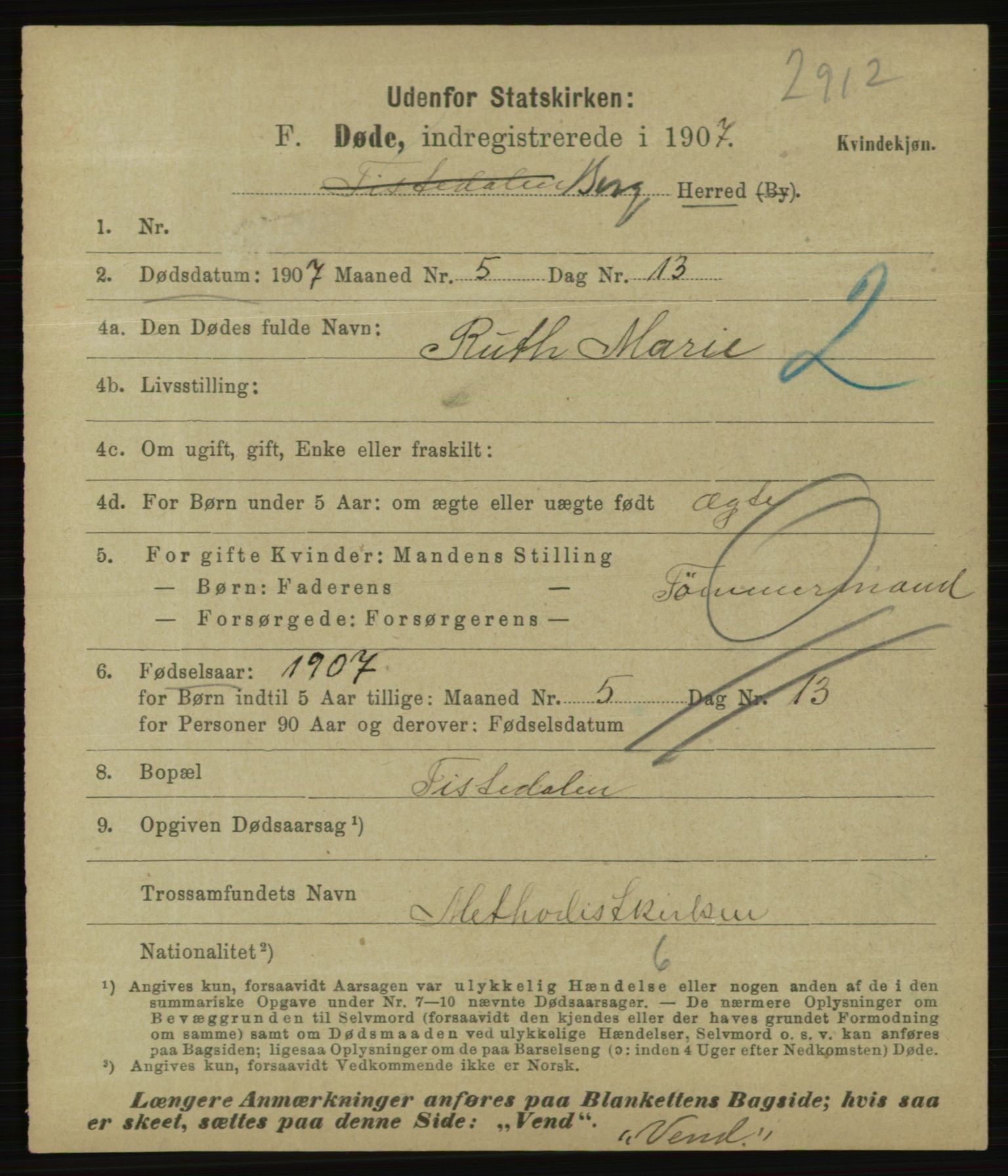 Statistisk sentralbyrå, Sosiodemografiske emner, Befolkning, AV/RA-S-2228/E/L0005: Fødte, gifte, døde dissentere., 1907, p. 2203