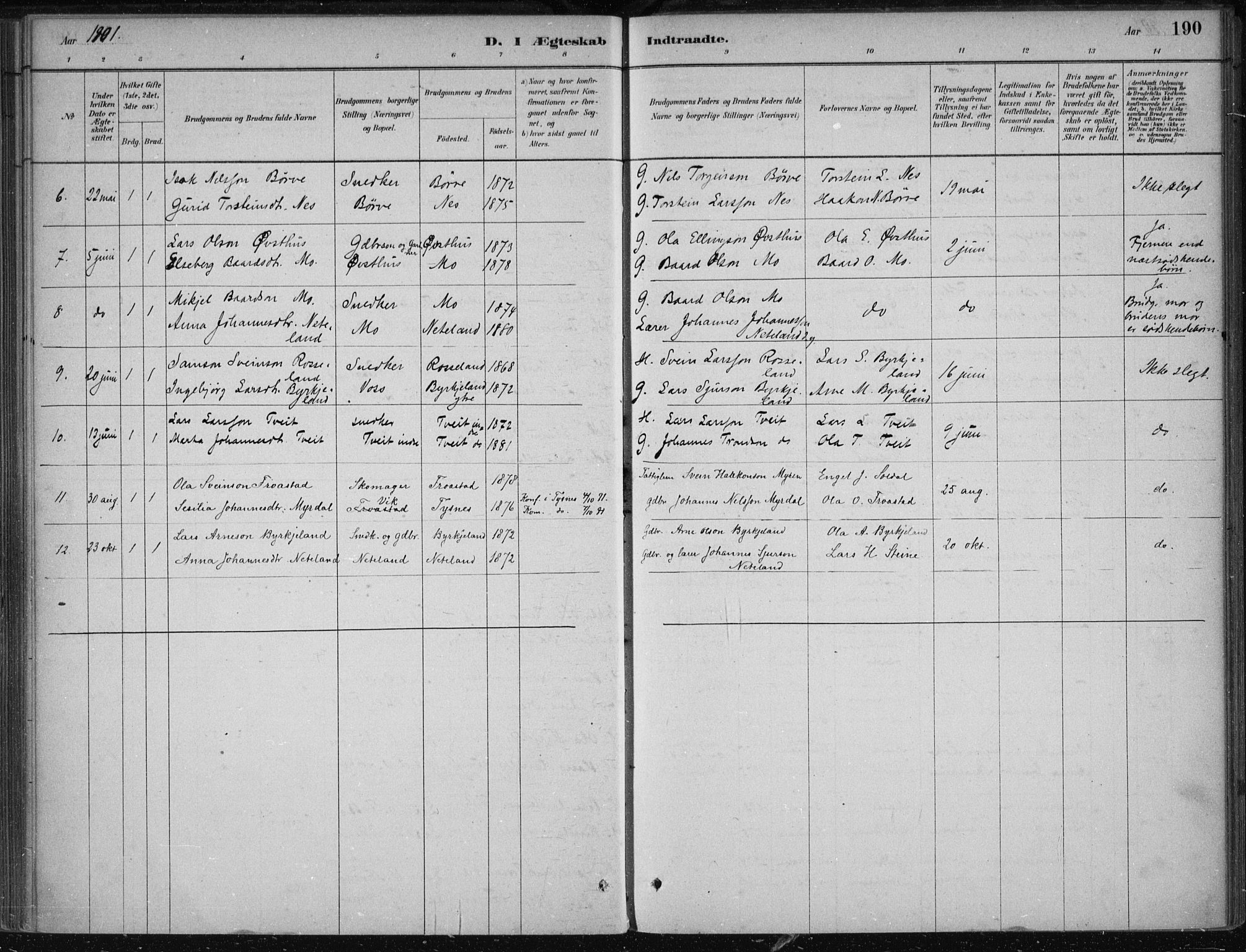 Kvam sokneprestembete, SAB/A-76201/H/Haa: Parish register (official) no. B  1, 1880-1908, p. 190