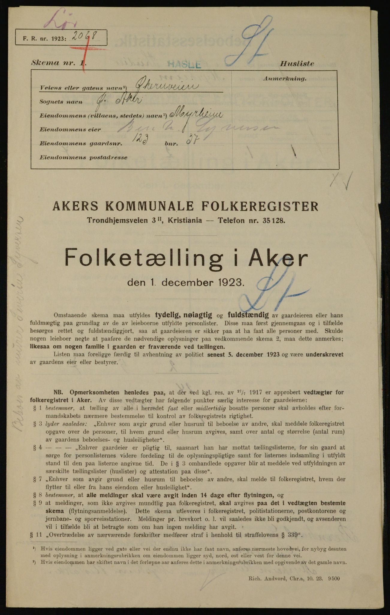 , Municipal Census 1923 for Aker, 1923, p. 35612