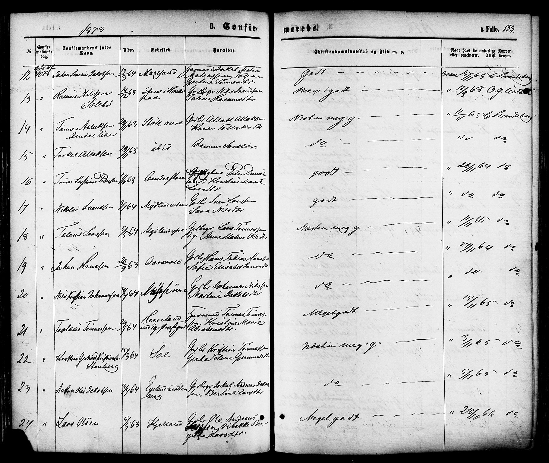 Sokndal sokneprestkontor, AV/SAST-A-101808: Parish register (official) no. A 10, 1874-1886, p. 183