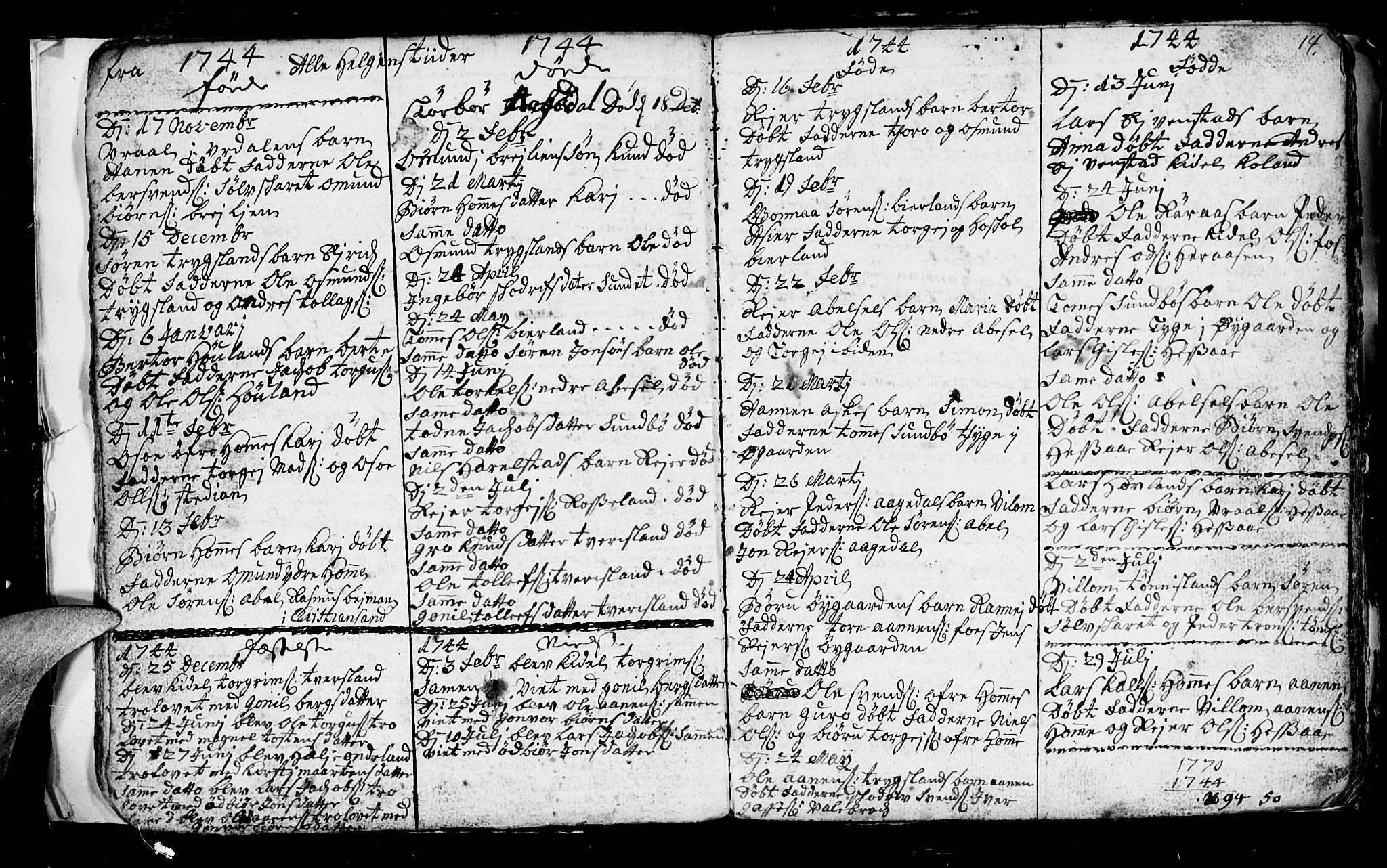 Bjelland sokneprestkontor, AV/SAK-1111-0005/F/Fb/Fba/L0001: Parish register (copy) no. B 1, 1727-1752, p. 14