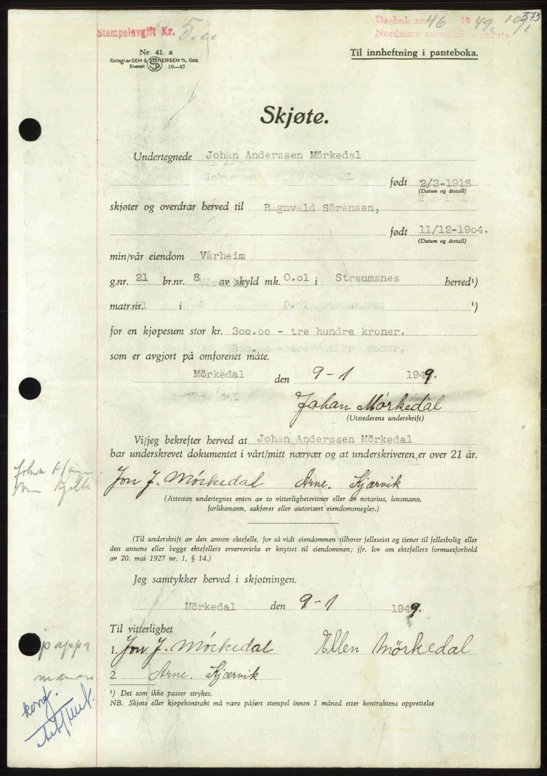 Nordmøre sorenskriveri, AV/SAT-A-4132/1/2/2Ca: Mortgage book no. A110, 1948-1949, Diary no: : 46/1949