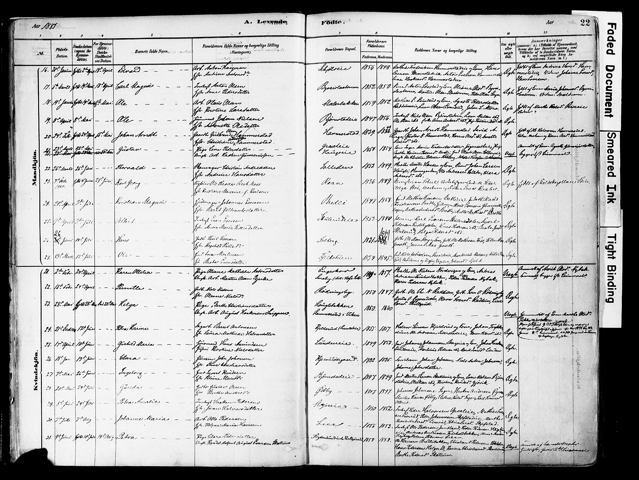 Østre Toten prestekontor, SAH/PREST-104/H/Ha/Haa/L0006: Parish register (official) no. 6 /1, 1878-1896, p. 22