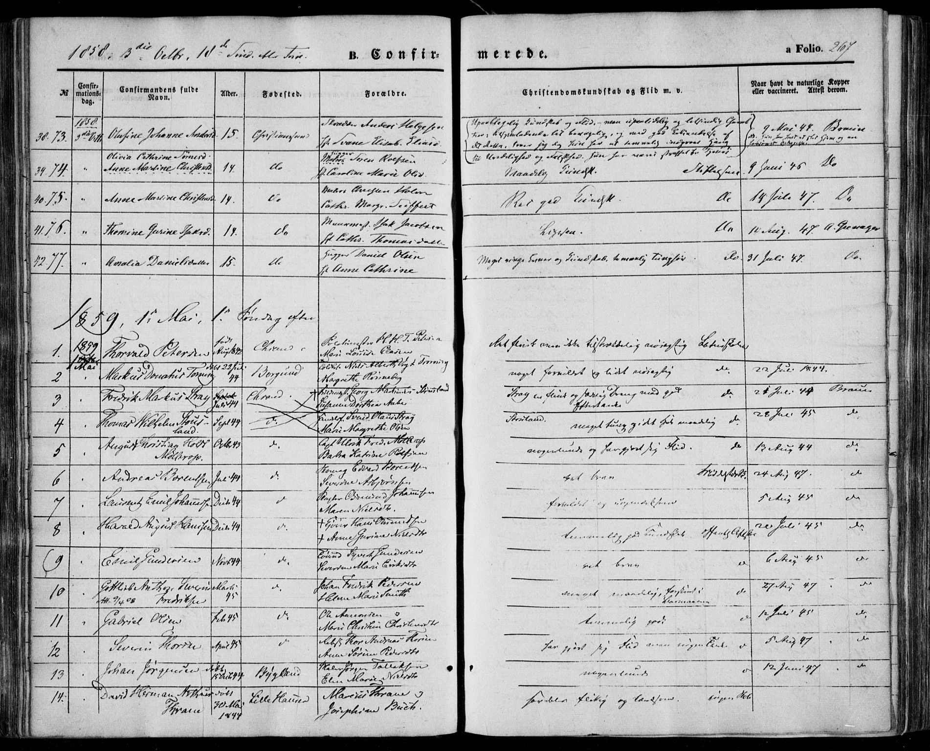 Kristiansand domprosti, SAK/1112-0006/F/Fa/L0014: Parish register (official) no. A 14, 1852-1867, p. 267